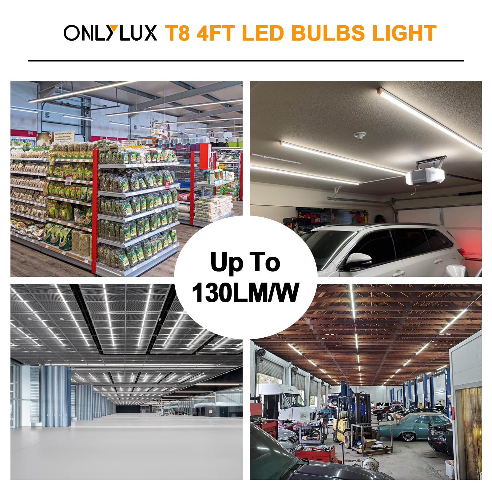 ONLYLUX 4ft LED Tube Lights 24-Pack, 28W 5000K Daylight T8/T10/T12 Fluorescent Replacement, Clear Lens