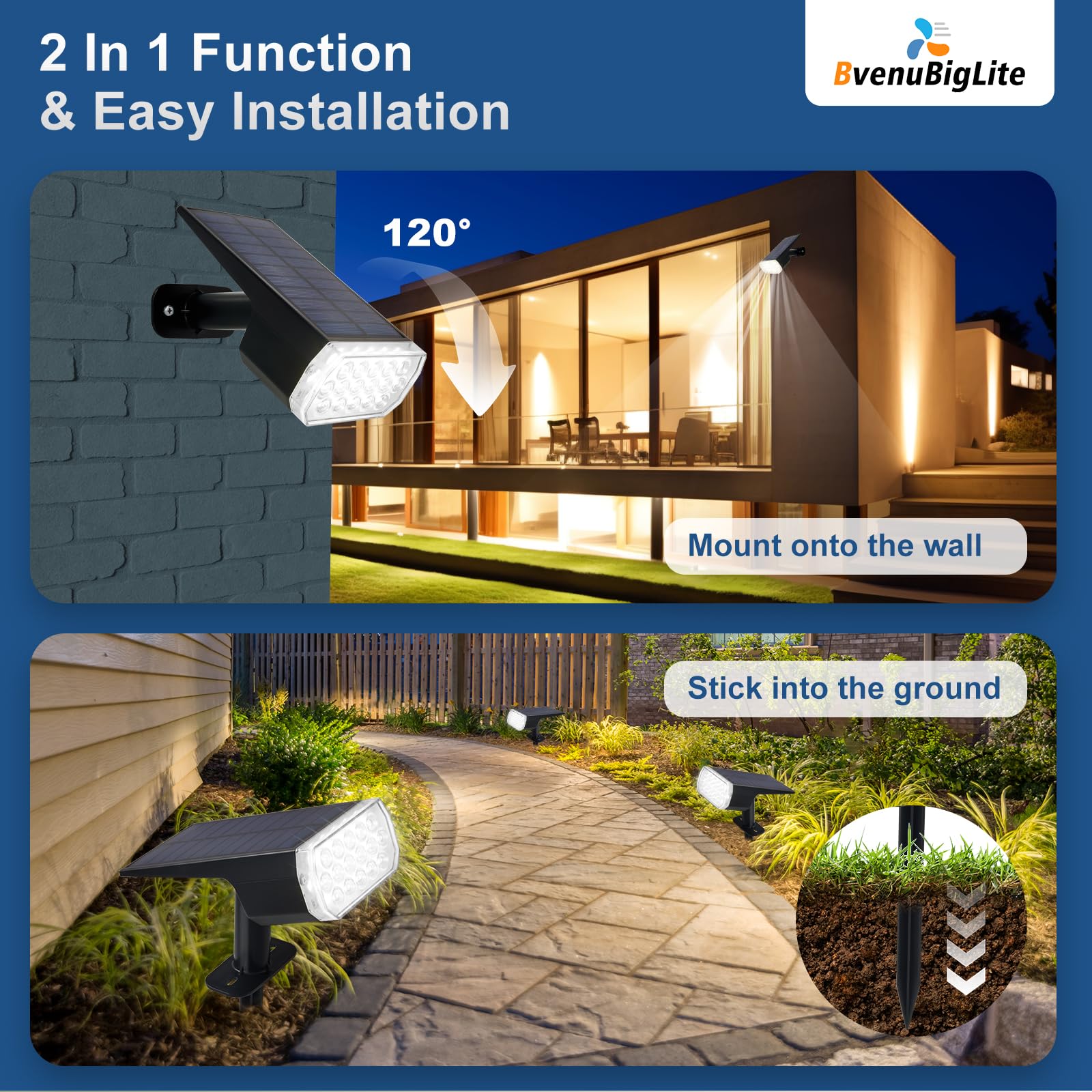 Bvenubiglite Solar Lights Outdoor Waterproof: Ip65 Led Spot Light Decorations For Garden Patios - 3 Lighting Modes Solar Powered For Yard - Halloween Christmas Lights Pathway Drive 2Pc White