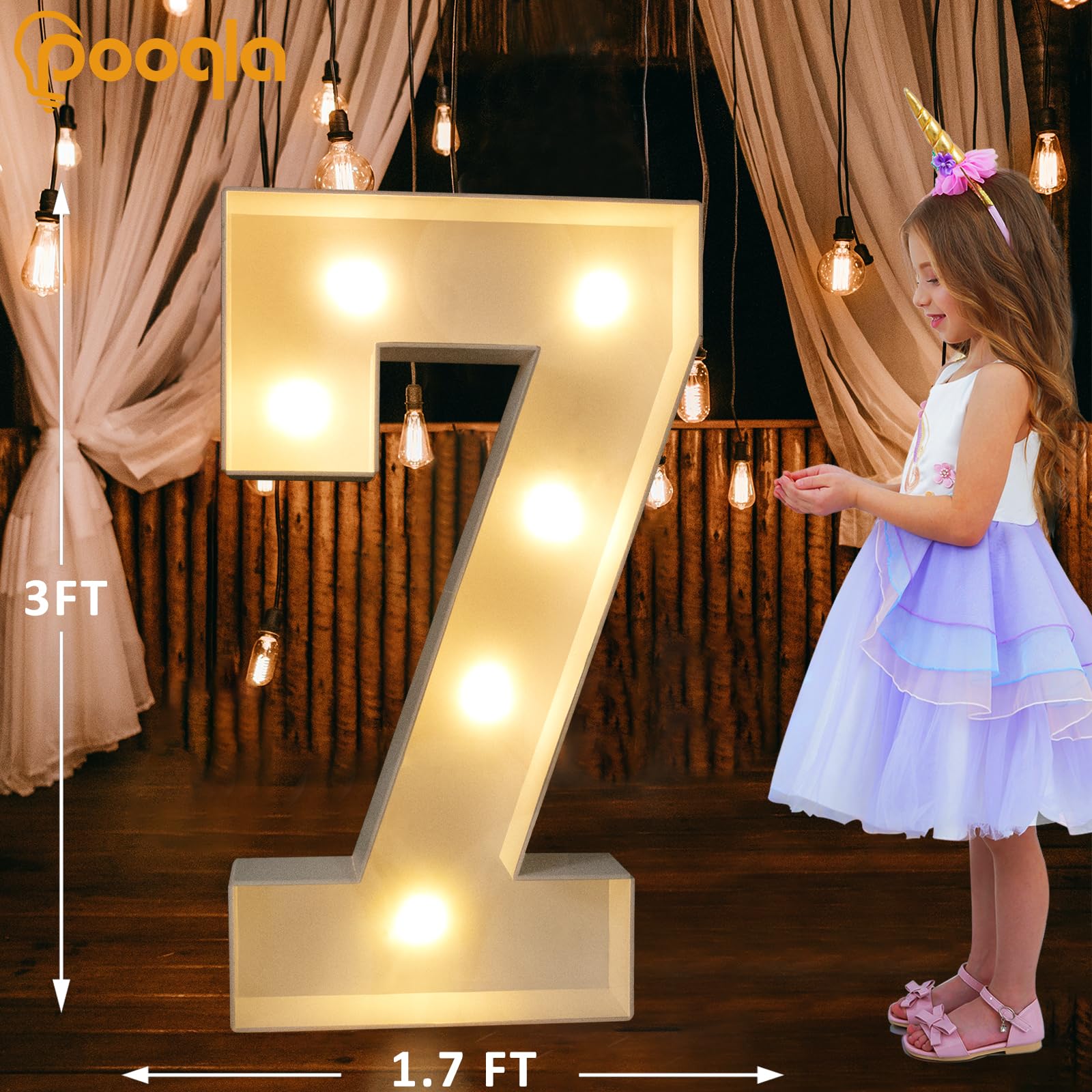 Pooqla 3FT Light Up Marquee Number 7, Cool White & Warm White LED, Plastic, Model 3FT-FXDJ 2W-7, Birthday Party Decoration
