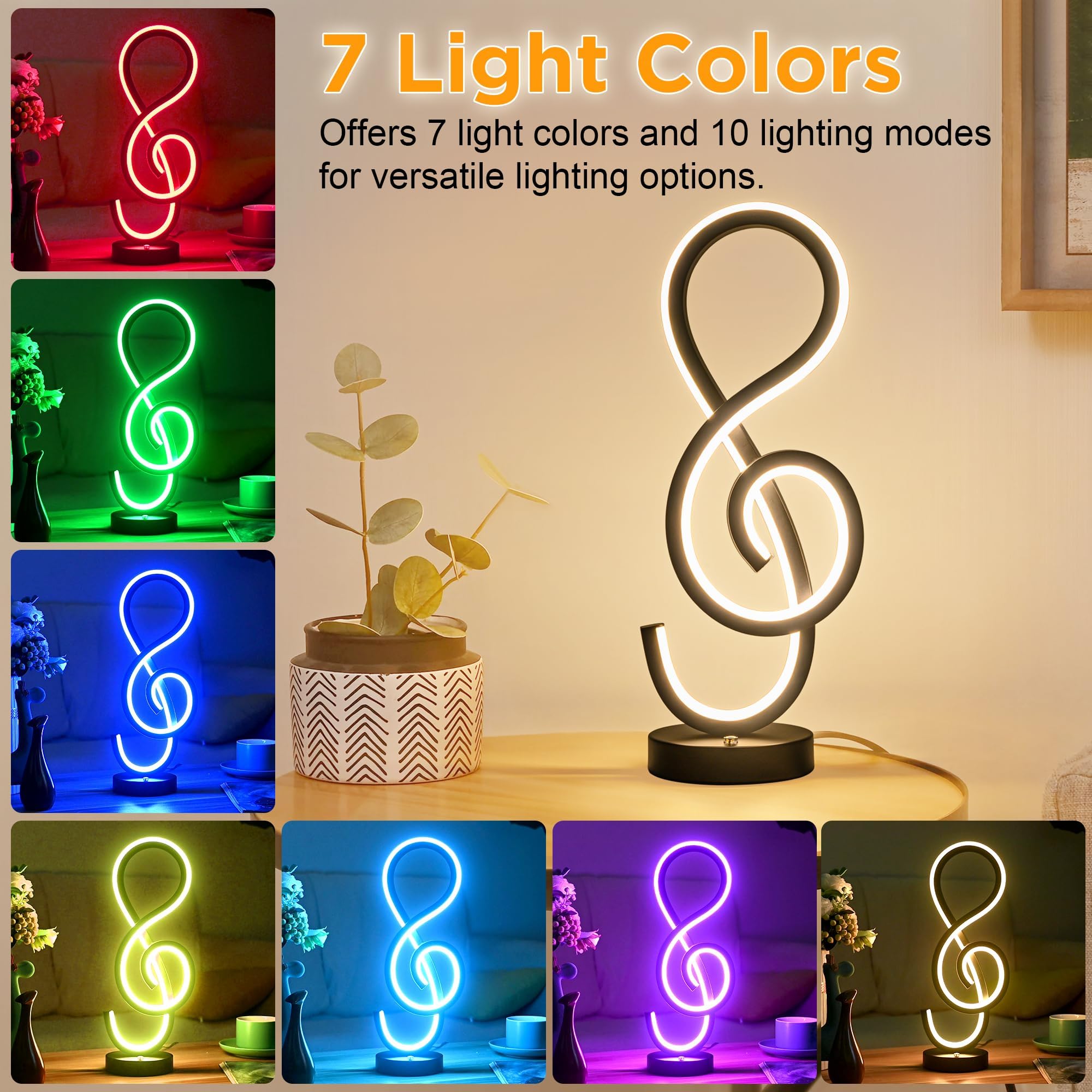 Adebime Rgb Modern Table Lamp, Led Spiral Nightstand Lamp With Music Note Design, 7 Colors & 10 Light Modes, Touch Dimmable Beds