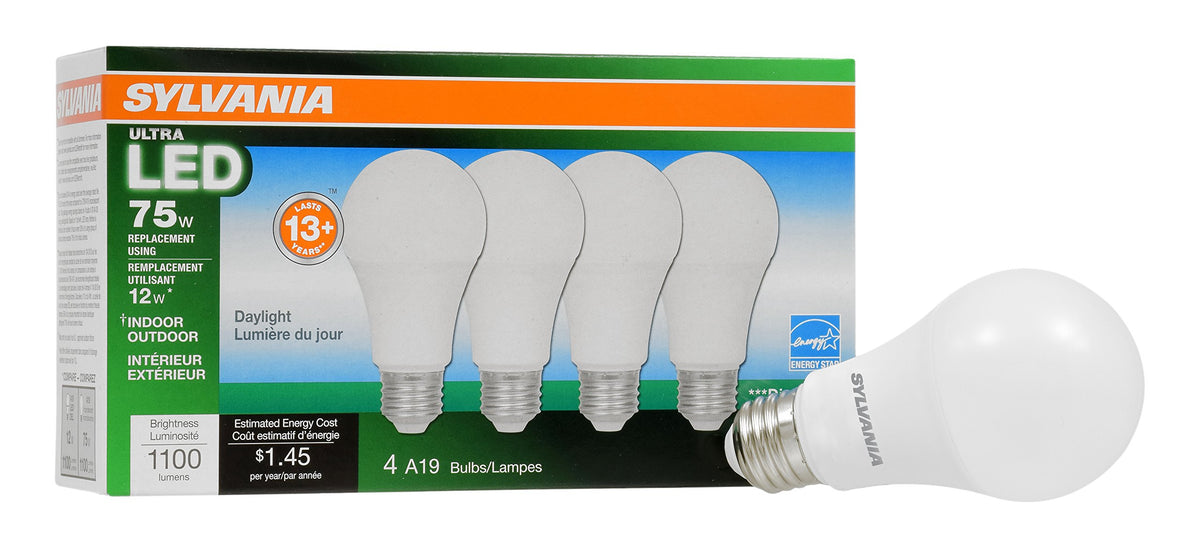 Sylvania A19 Ultra Led Light Bulb, 12W, 75W Equivalent, 13 Years, Dimmable, 1100 Lumens, 5000K, Daylight - 4 Pack (74429)