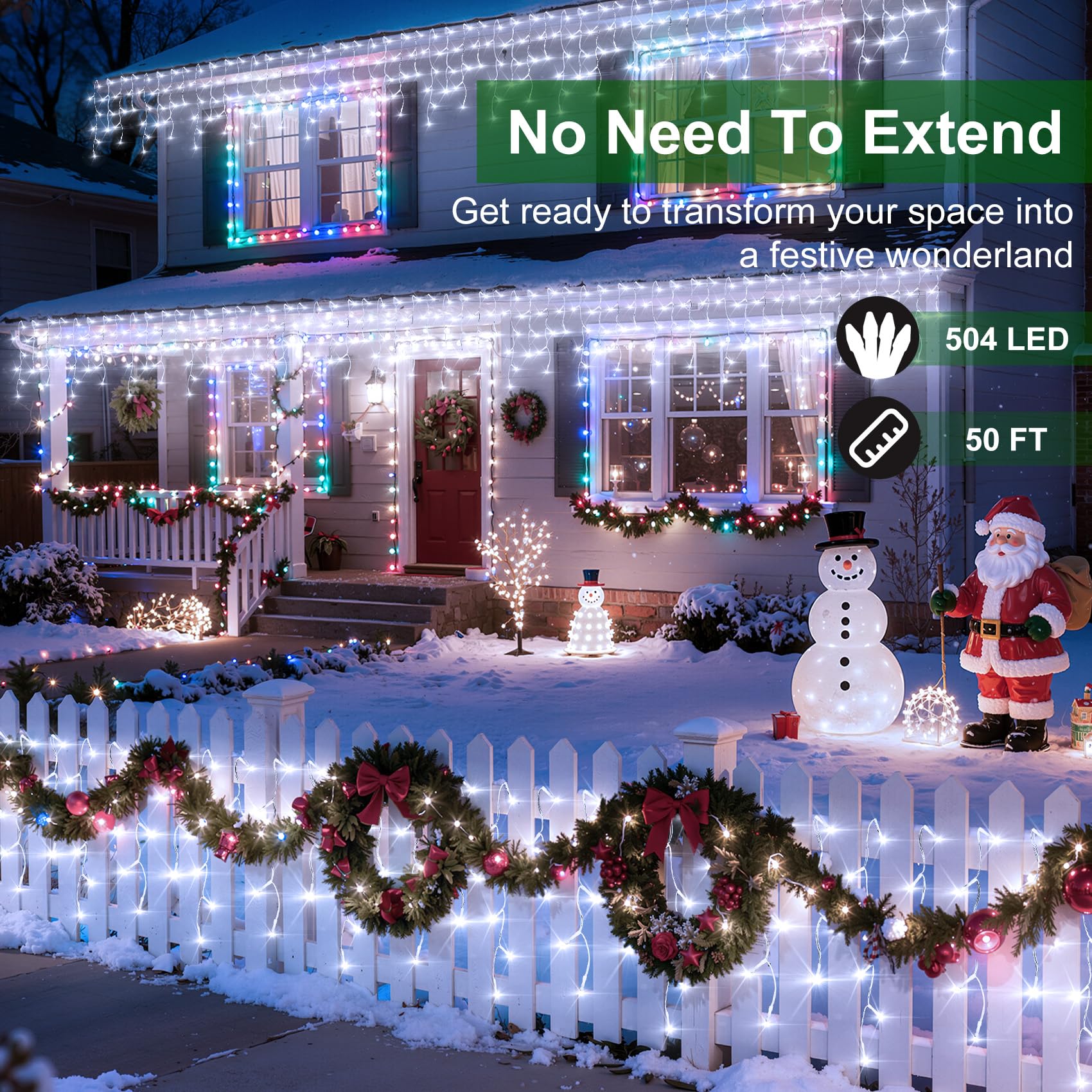 XIKENGSHQ LED Christmas Lights, 50ft 12 Modes, 504 Drops, Cool White, Waterproof, Model WX-504L