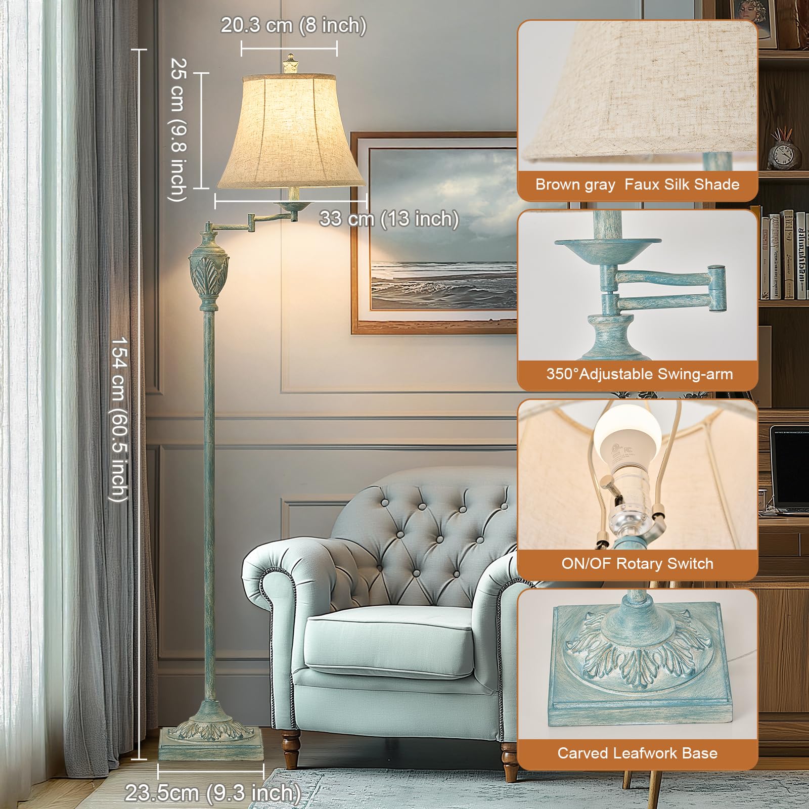 AIDENOEY Traditional LED Floor Lamp, 350° Adjustable Swing Arm, Antique Green, Model HYFLOOR007, Rustic Upright Light for Living Room, Bedroom