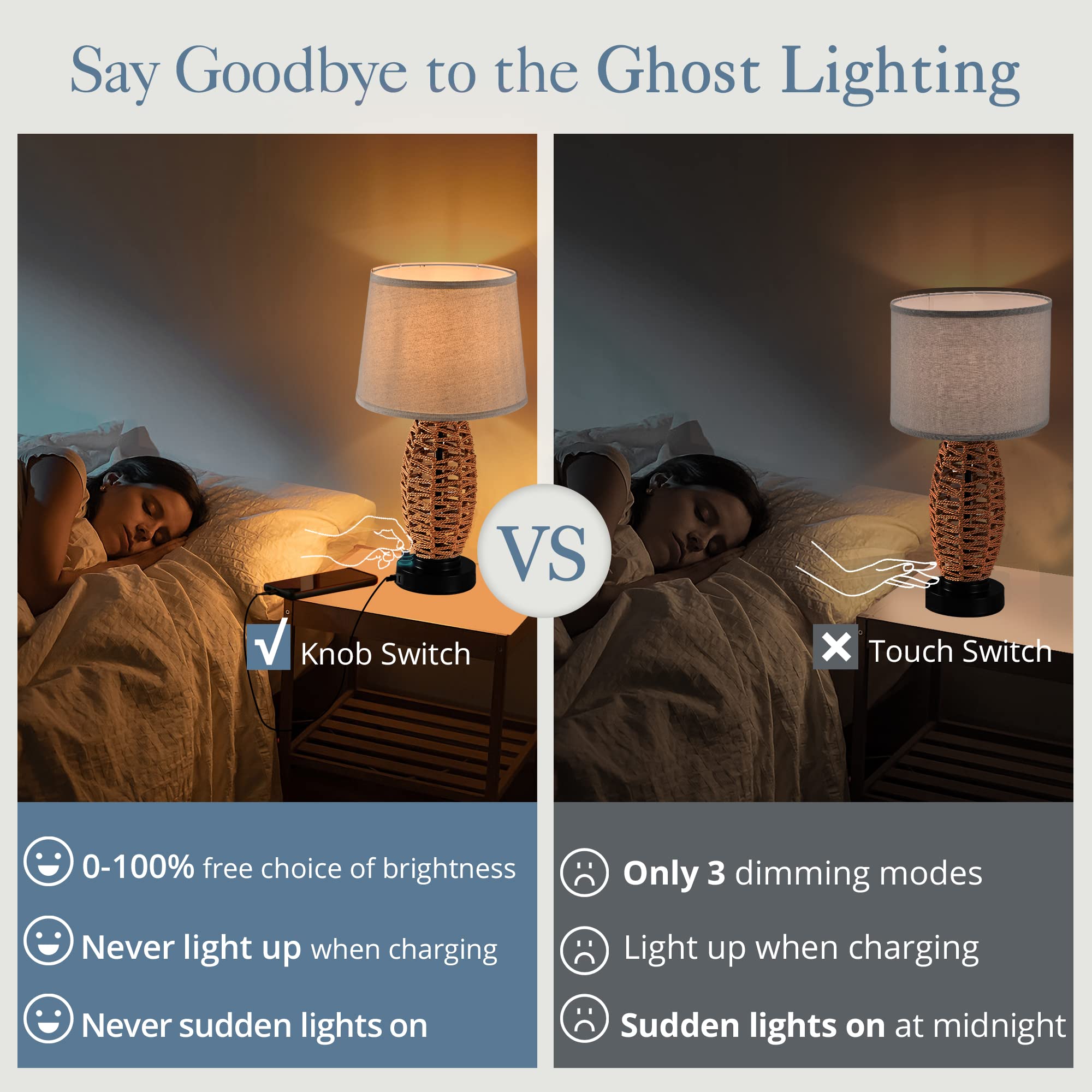 LEDIARY Coastal Rattan Table Lamp with AC Outlet and 2 USB Ports, 0-100% Dimmable Wicker Lamps for Bedrooms Set of 2, Farmhouse