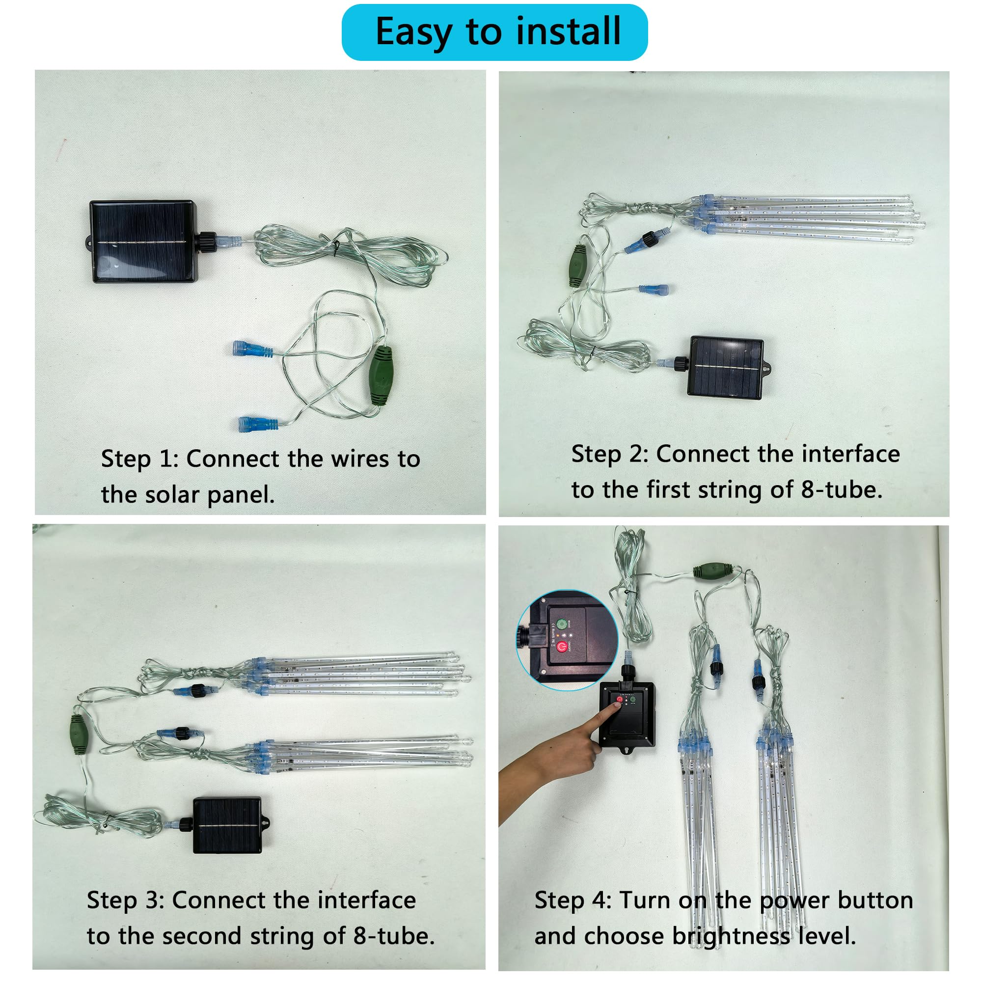 Kwaiffeo Icicle Lights For Outside, 16 Tubes(Equivalent To 2 Sets Of 8-Tube) Solar Powered Meteor Shower Lights For Xmas Hallowe