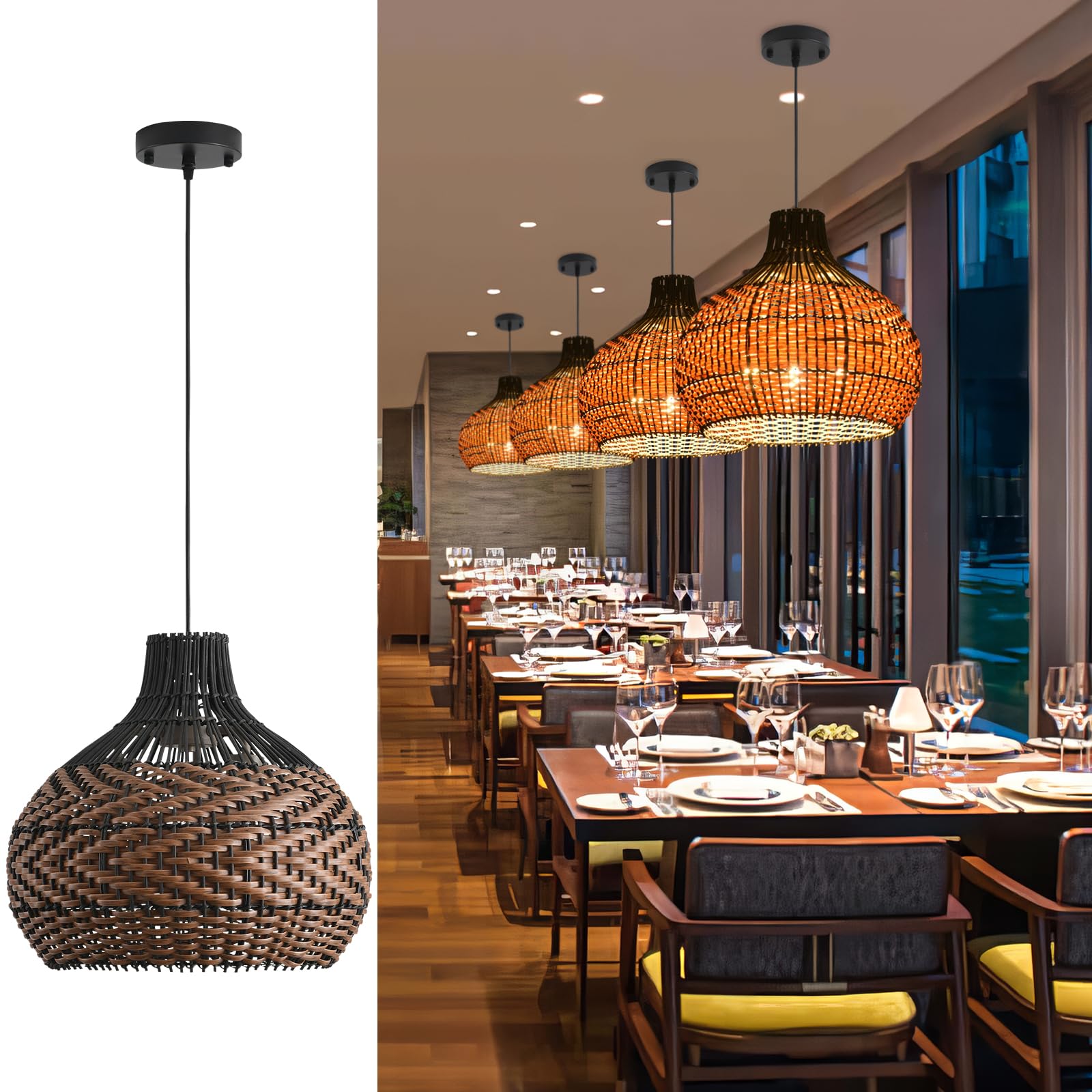Teru Ji Kaikang 15" Rattan Pendant Light,3-Light Hand-Woven Black Brown Faux Rattan Hanging Light Boho Basket Chandelier,For Living Room Bedroom Kitchen Dining Farmhouse