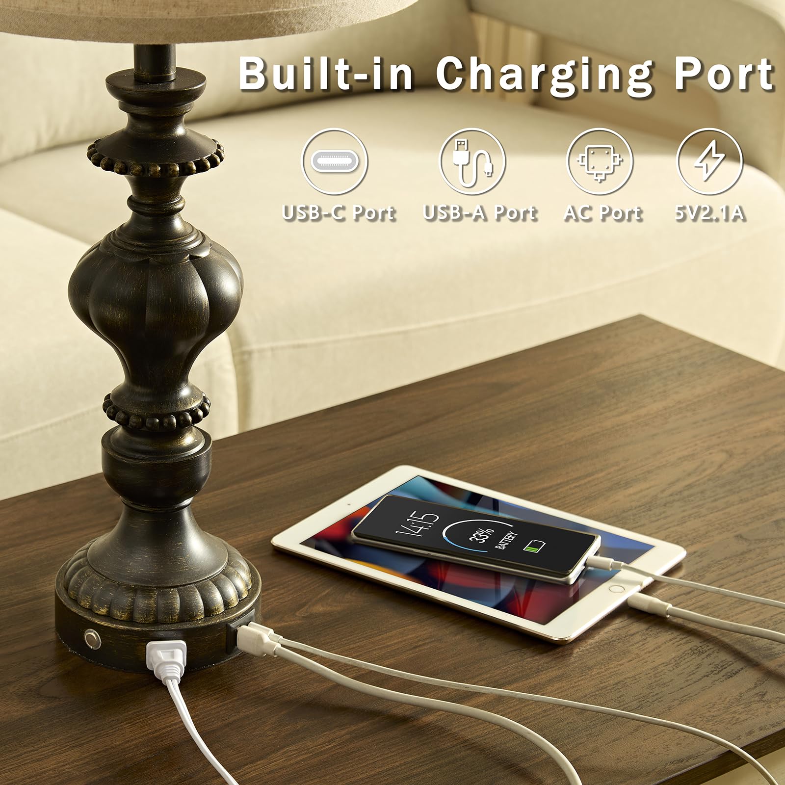 SAIWEYA 27.5in Farmhouse Table Lamps Set of 2, 3 Way Dimmable Touch, USB C+A Ports, AC Outlet, Black, Model TM-T03