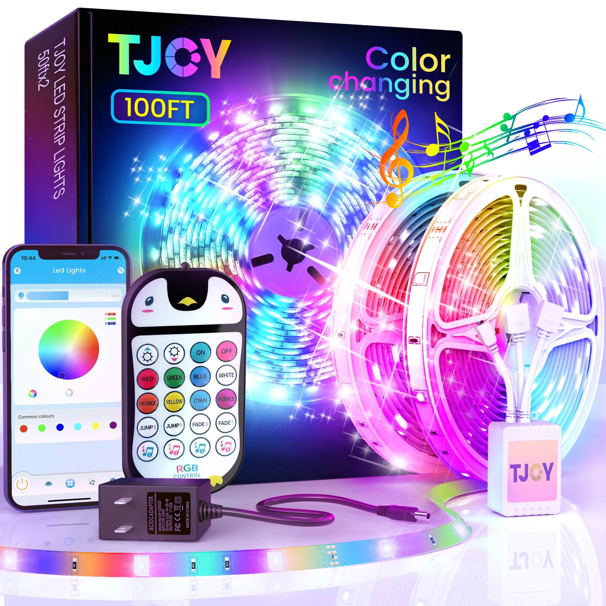 TJOY 100ft Kids Bluetooth LED Strip Lighting, Color Changing Lights for Bedroom, Music Sync RGB LED Light Strip with Child Remote, LED Lights for Room Decor Aesthetic, Led Rope Lights Indoor(50ftx2)