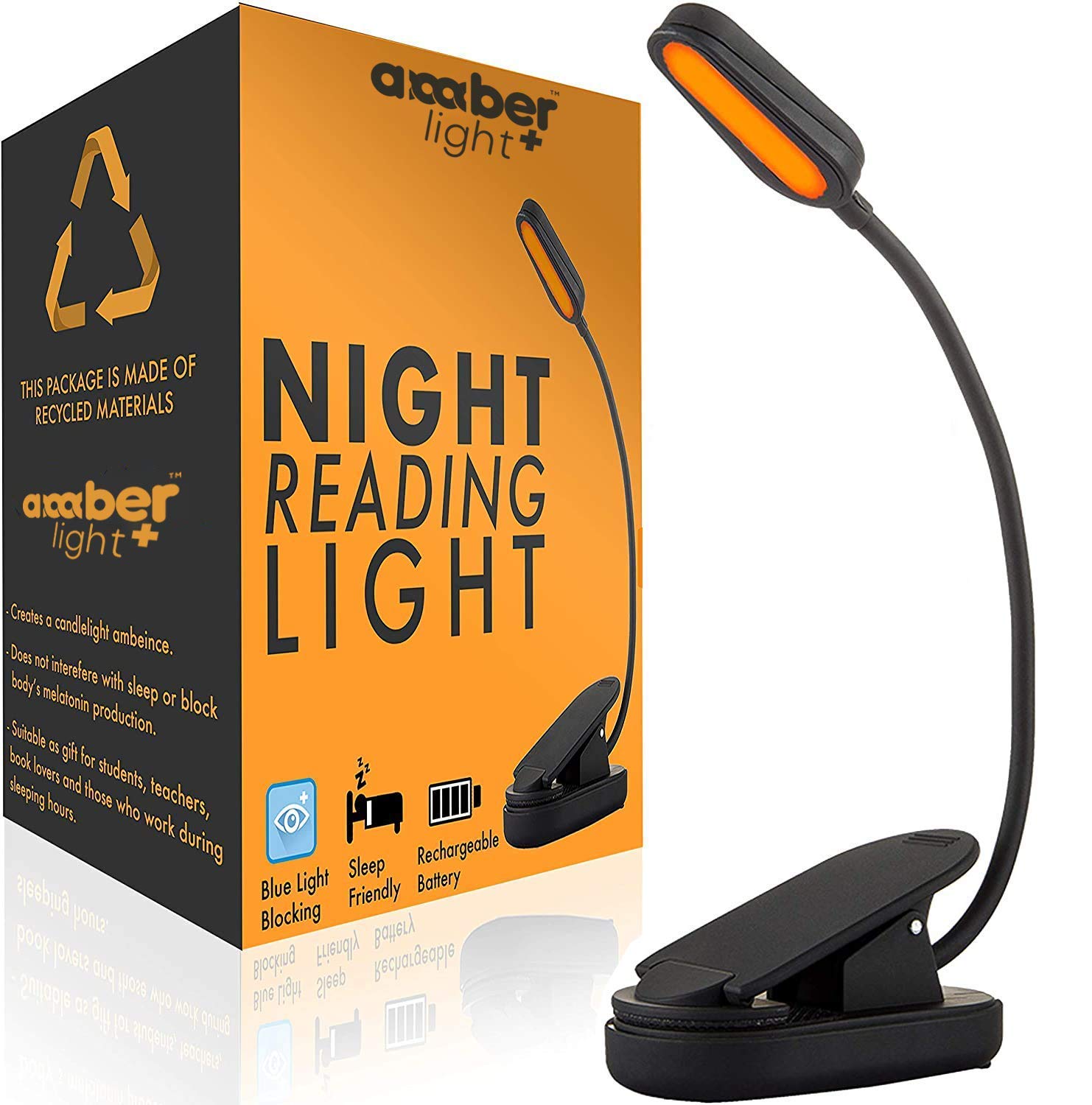 Amber Light Book Light - Rechargeable Blue Light Blocking - 1600K Night Reading - Black - Model AL001