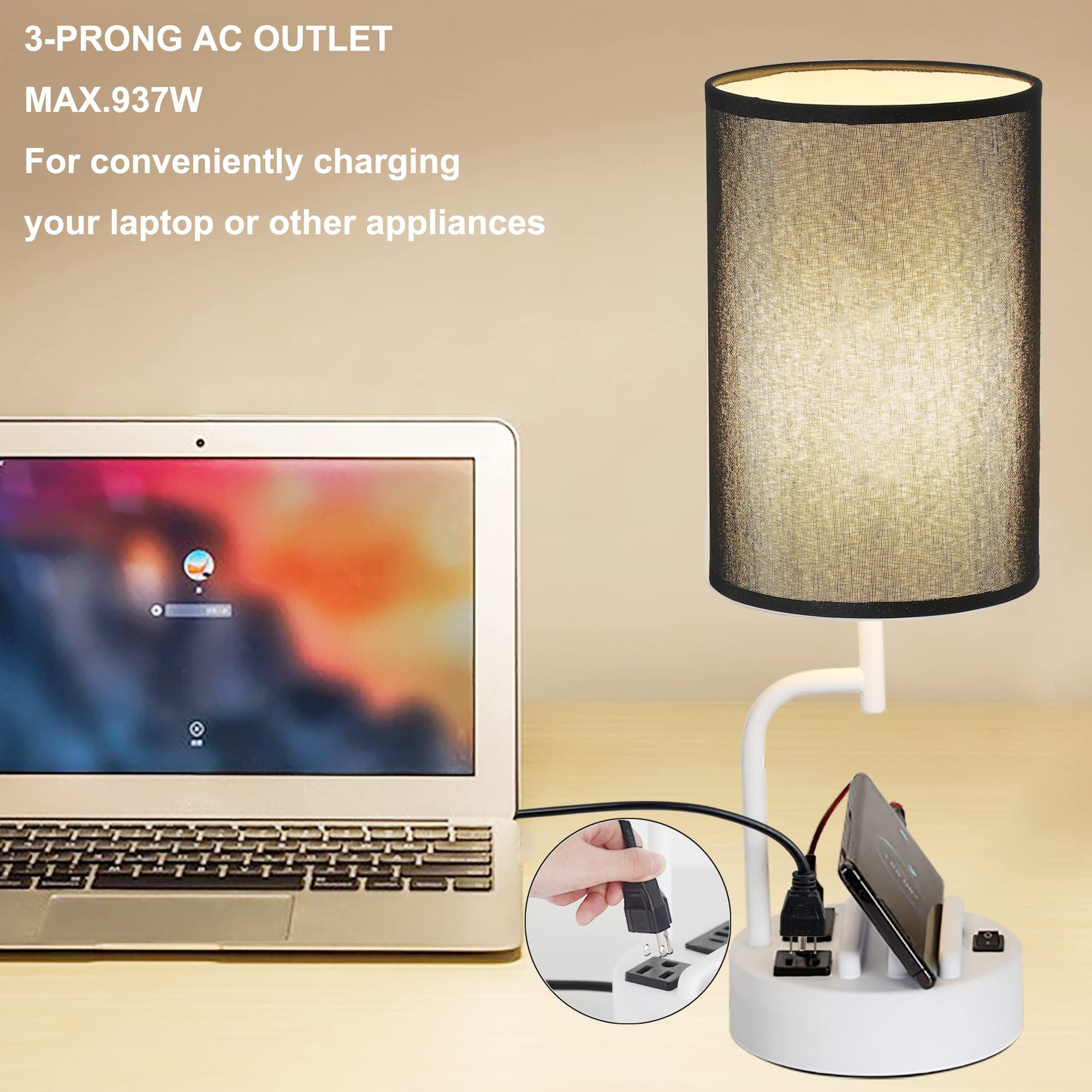 Dreamholder Table Lamp - Modern Desk Lamp with 3 USB Ports, AC Outlet, Phone Stands, Pack of 2, Black & White