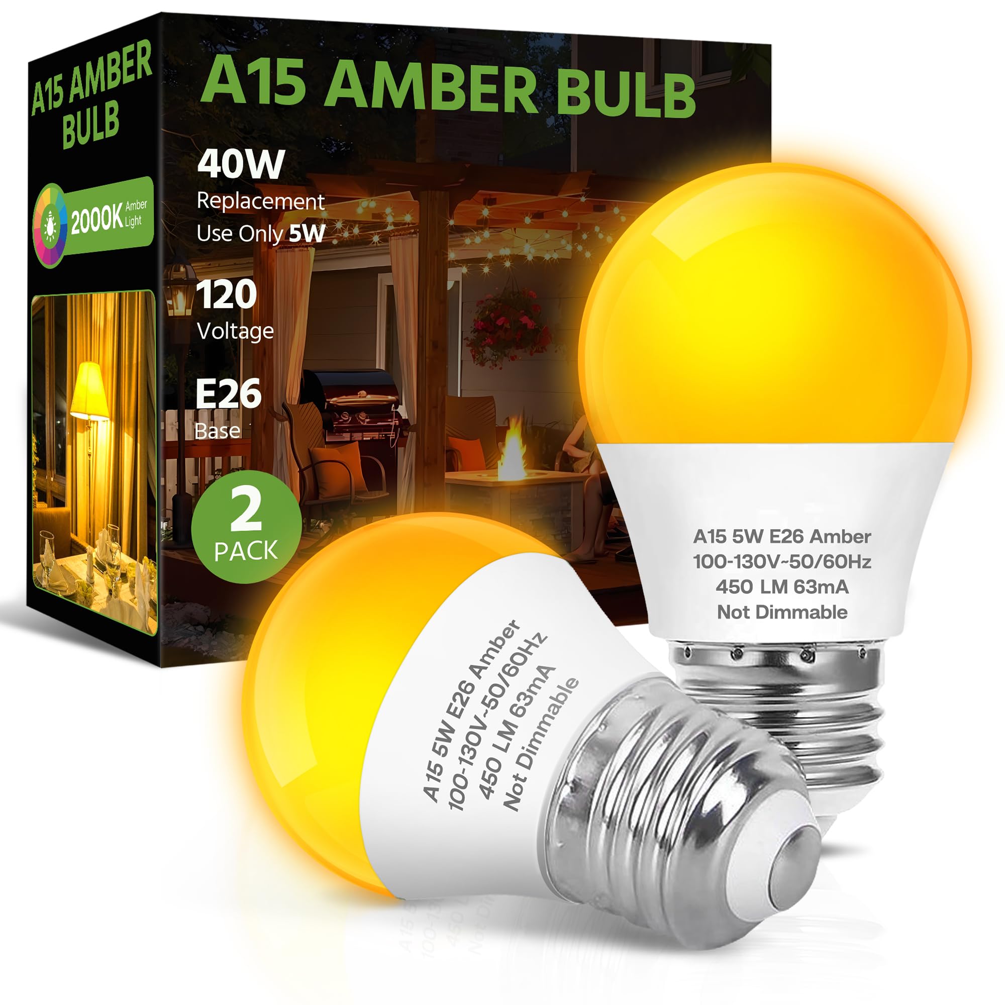 Led Amber Light Bulbs, 40W Equivalent A15 Led Bulb, 5W Energy Saving Yellow Bulbs, E26 Base, 2000K Amber Light For Porch, Patio,