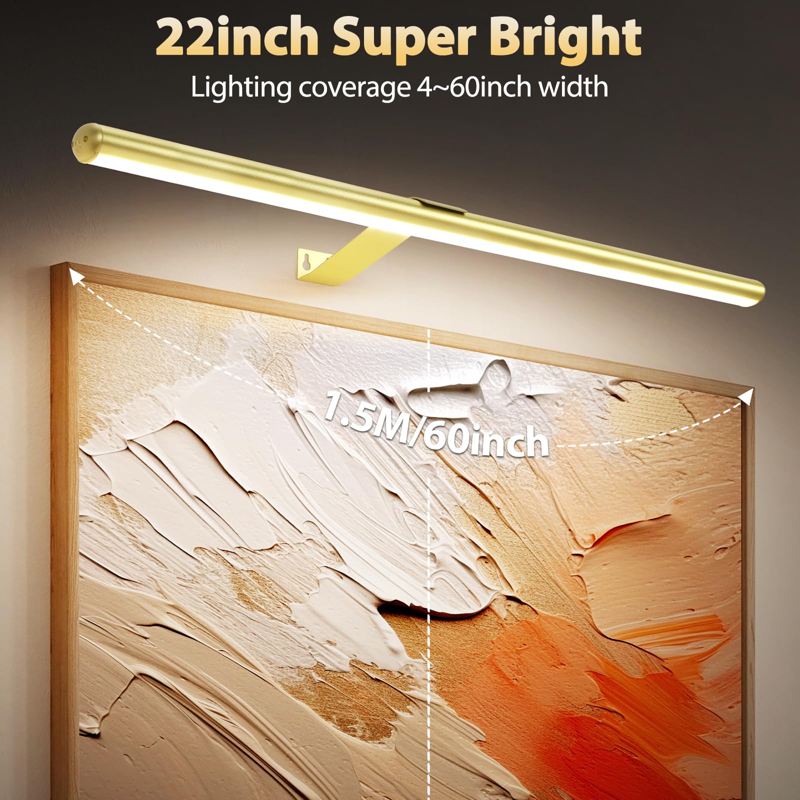 Tintindoc 22'' Picture Light Gold For Painting With 3 Lighting,Rechargeable Wall Art Light For Painting Brightness Dimmable,Batt