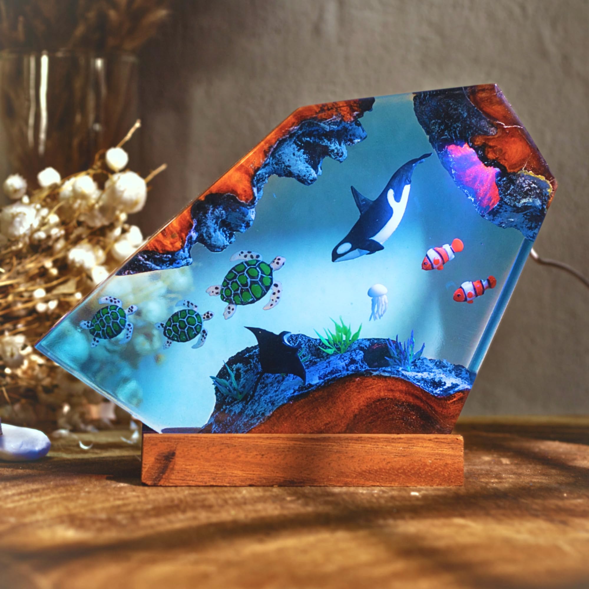 Ocean Resin Lamp - Marine Life Night Light with 16 Color LED, USB Powered Whale Shark & Turtle Desk Lamp with Wooden Base & Remo