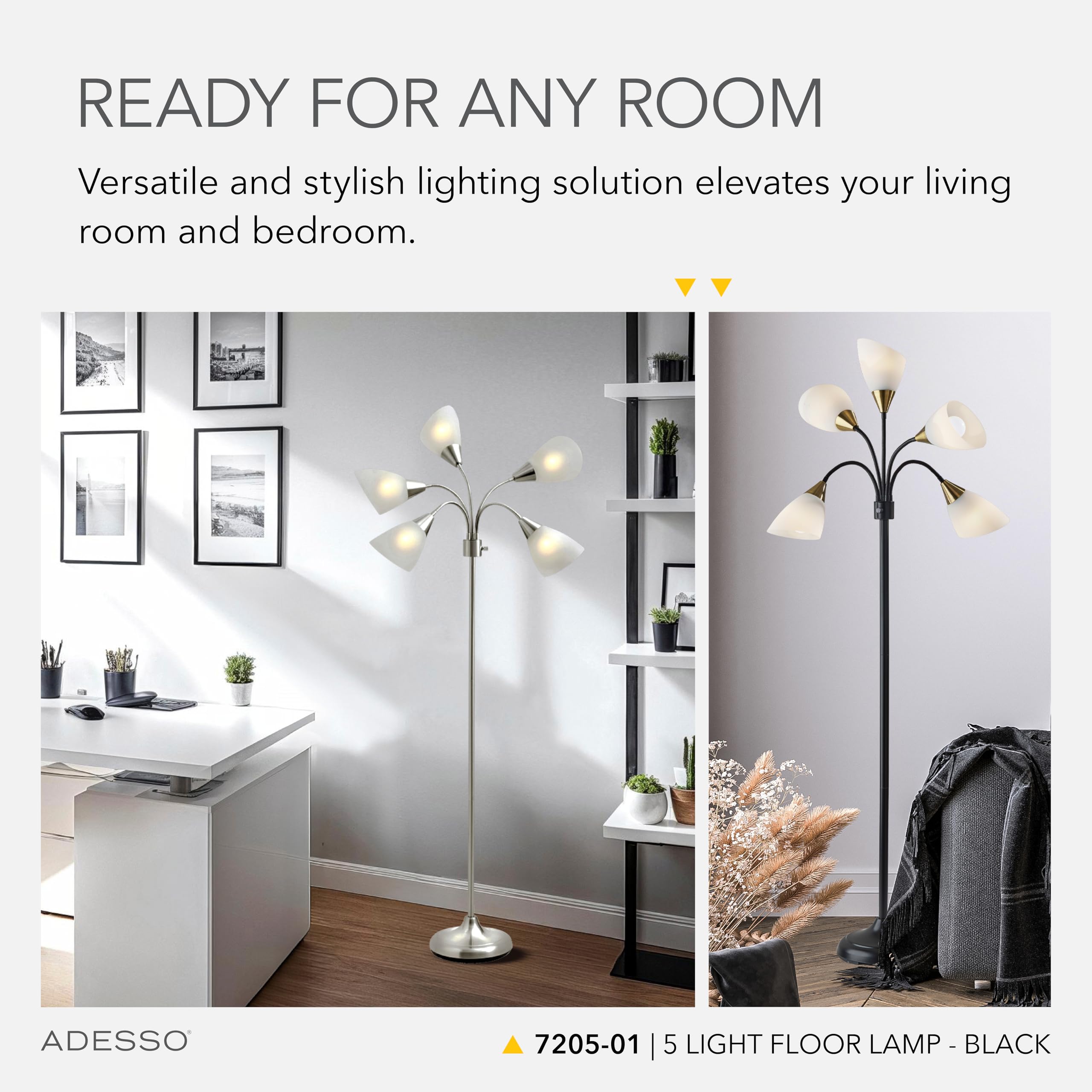 Adesso Floor Lamp With 5 Movable Shades, Adjustable Brightness, Black, Model 7205-22, Ideal For Bedroom Decor & Art Studios