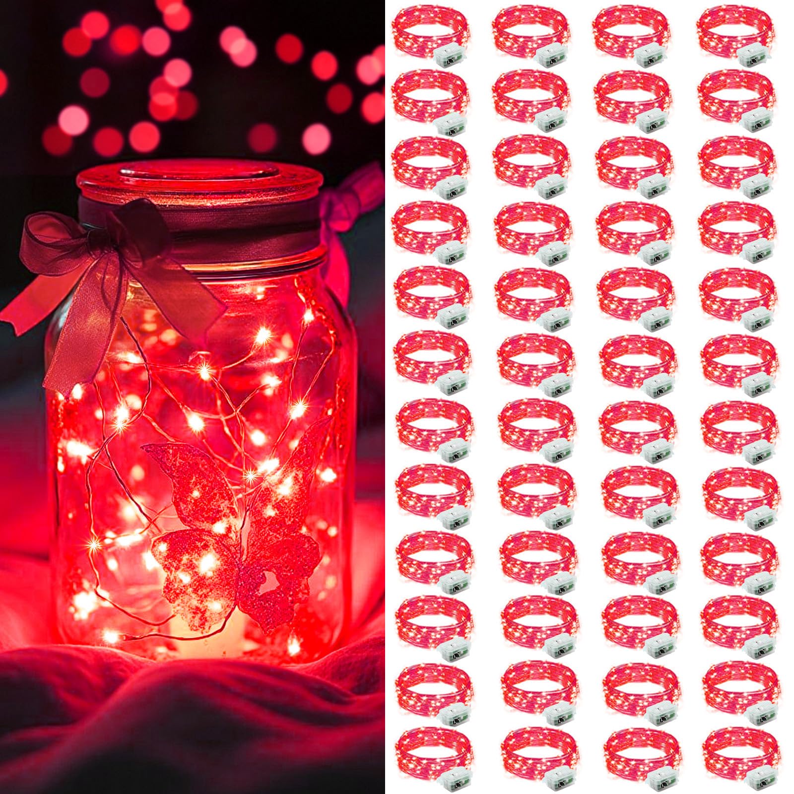 AIKEI 48 Pack LED Fairy Lights Battery Operated  Fairy String Lights 3 Modes Waterproof 7 Feet 20 Led Firefly Starry Lamps for Wedding Party Bedroom Garden Valentines Christmas Decoration Red