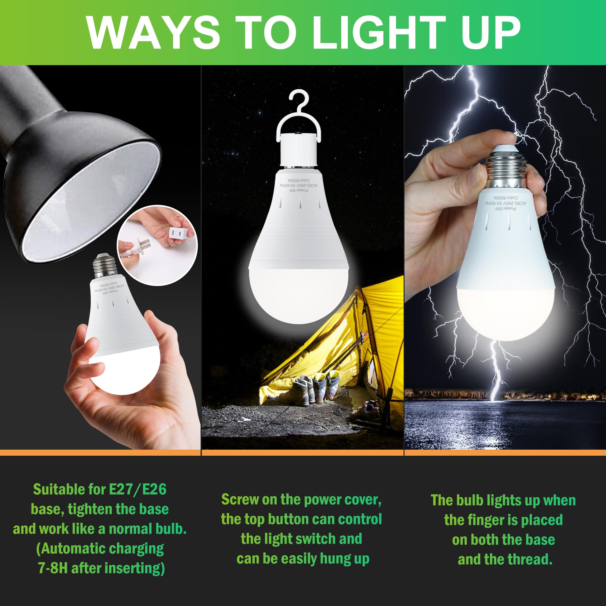 DEBAOBULB Rechargeable Emergency Light Bulbs, 4 Pack, 9W LED Daylight, E26, 120V, Model DA-RECHAR-6000K, Energy