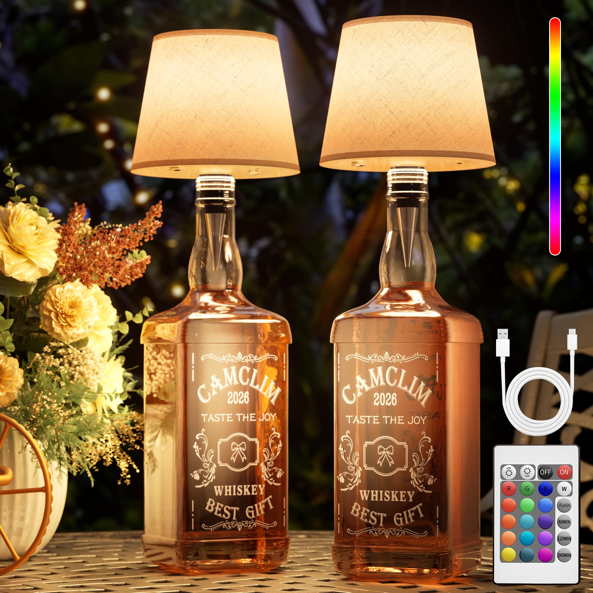 CAMCLIM Wireless Beverage Bottle Lamp Shade Rechargeable RGB Bottle Light for Beverage Bottles with Remote Control Dimming Timing for Table Bedside Bedroom Bar Set of 2