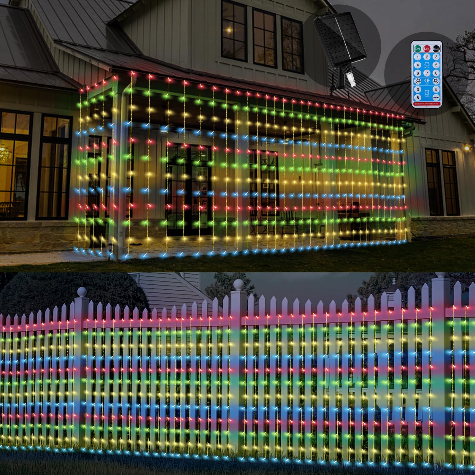 32.8 * 6.56FT Large Size Solar Curtain Lights Outdoor, 8 Modes Outdoor Solar String Icicle Lights, Solar Garden Christmas Lights