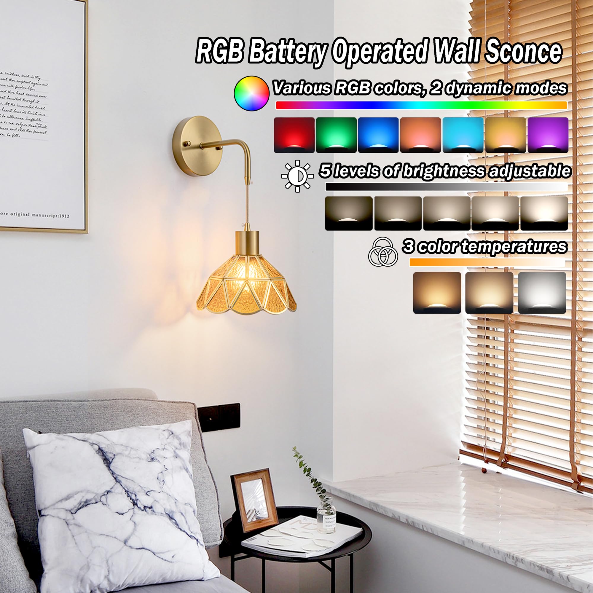 Slywise Battery Operated Wall Sconce Set, Rgb Color Changing & Dimmable With Remote, Amber Brown