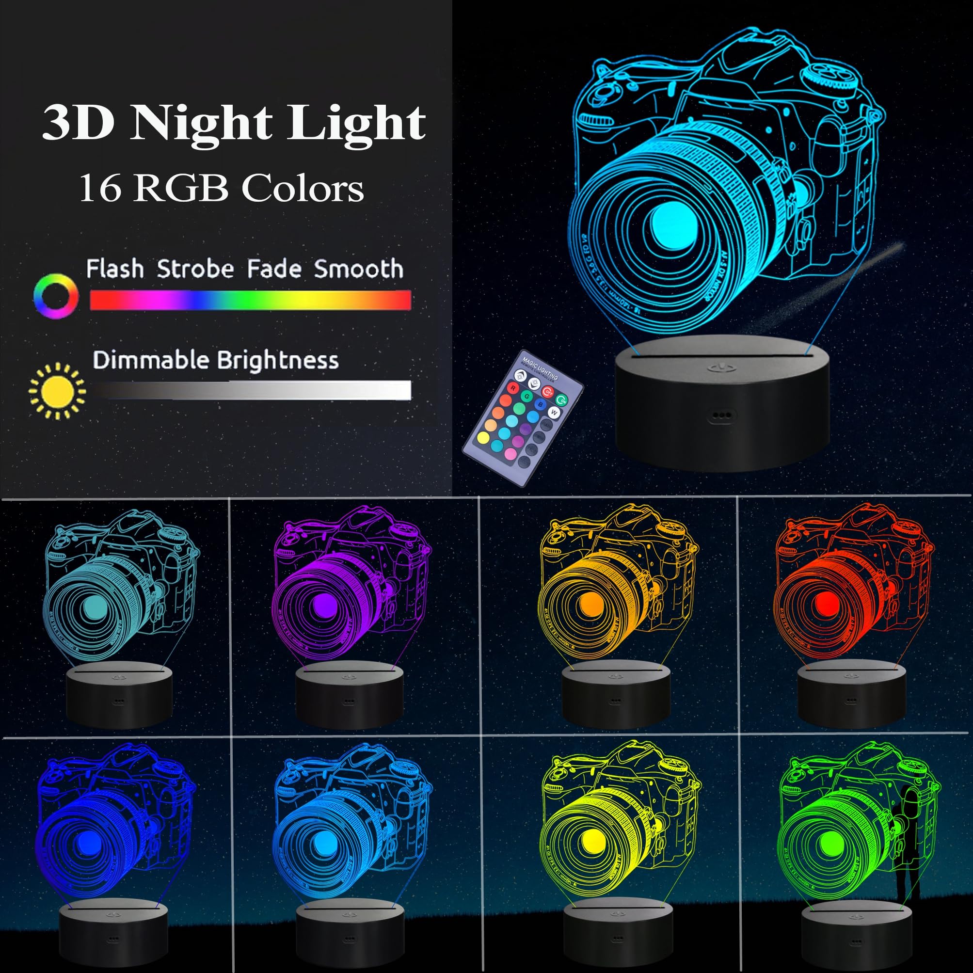 Posshe Photographer Gifts For Men, Camera 3D Night Light With Remote Control, 16 Colors Changing, Rgb Flashing Mode, Dimmable, P