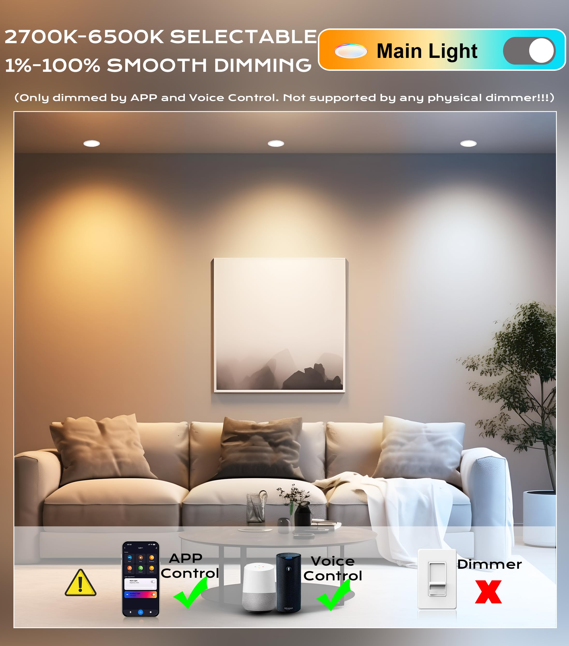 CLOUDY BAY 3 Inch RGB Smart Recessed Lighting, 7W Ultra-Thin Downlight, 2700K-6500K, White, Model LJD005SMG2