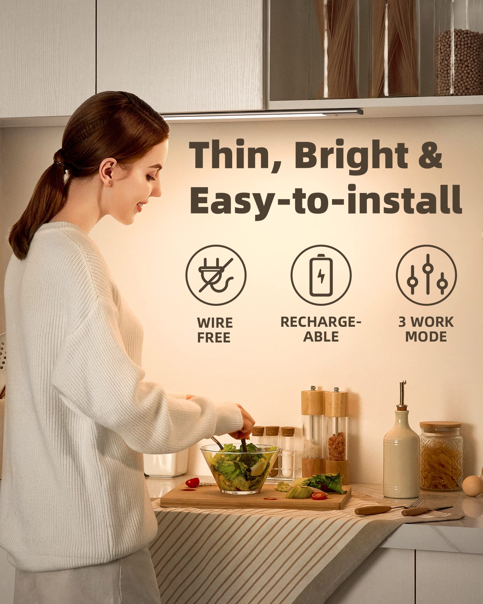 EZVALO Under Cabinet Lighting, 2-Pack Motion Sensor LED Lights, 3 Color Temps, Silver, Model LY-50, with 3 Detachable Batteries