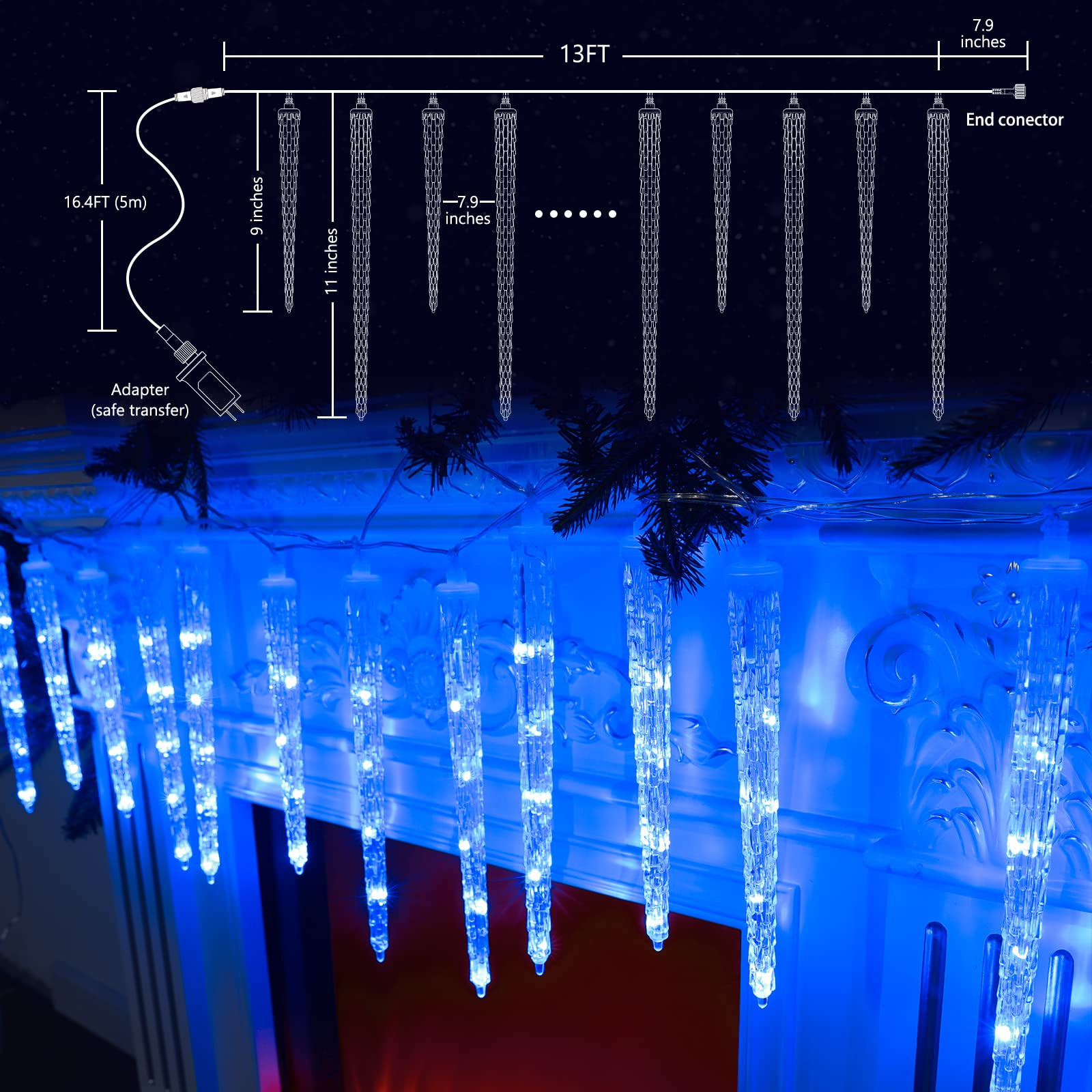 Joomer Blue Icicle Lights, 13FT 90 LED, Waterproof, 8 Modes, Timer Function, Connectable Christmas Decoration