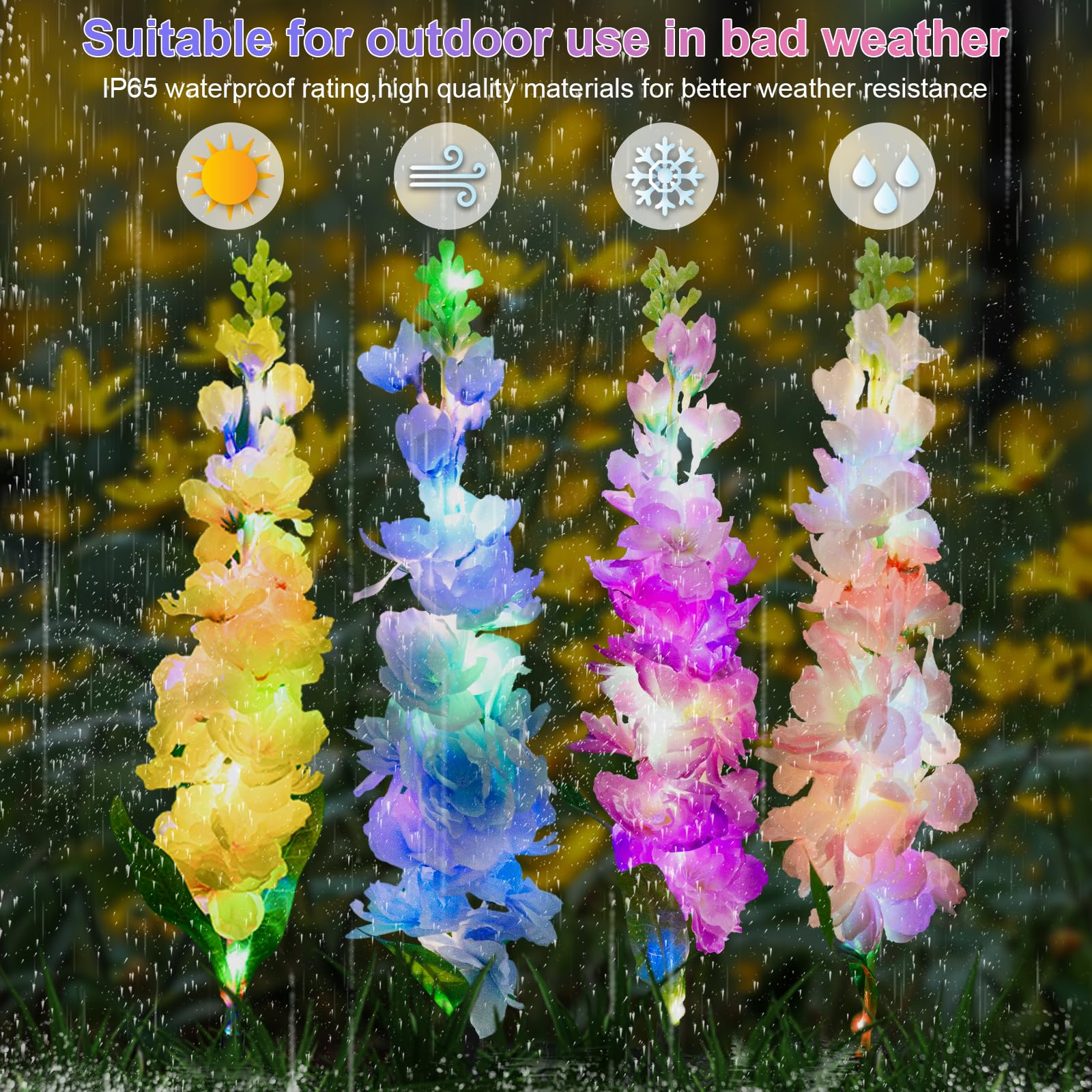 Solar Garden Lights, Solar Delphinium Flowers Lights Outdoor Garden Lights Solar Powered 4 Pack 80 Leds, Yard Decorations Outdoo