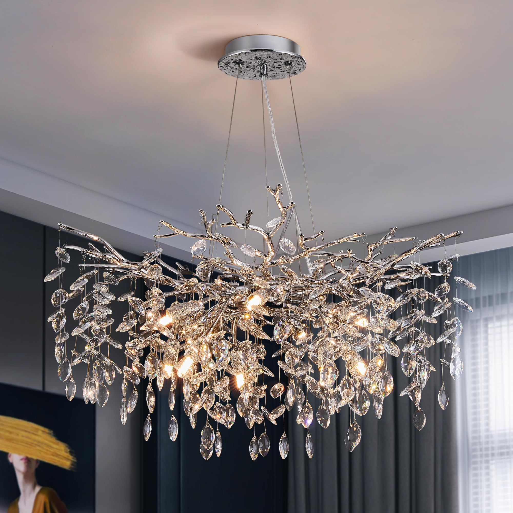 Modern Tree Branch Crystal Chandelier Luxury Silver Crystal Pendant Lighting 30'' Contemporary 10-Light Chandeliers for Dining R