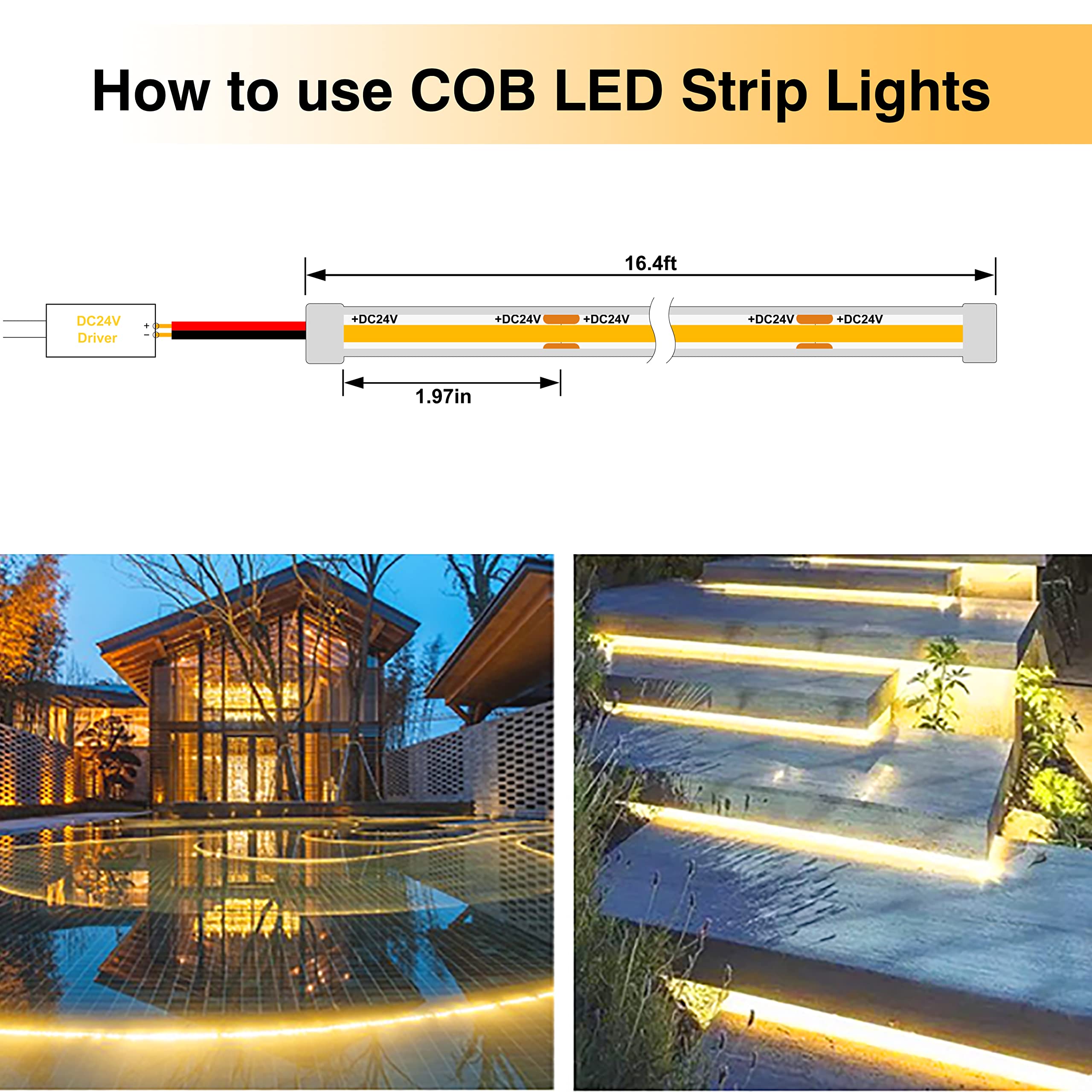 Pandery 16.4ft COB LED Strip Lights, 2700K Warm White, Waterproof, CRI90+, IP67 for Sauna, Pool, Garden - Power Not Included