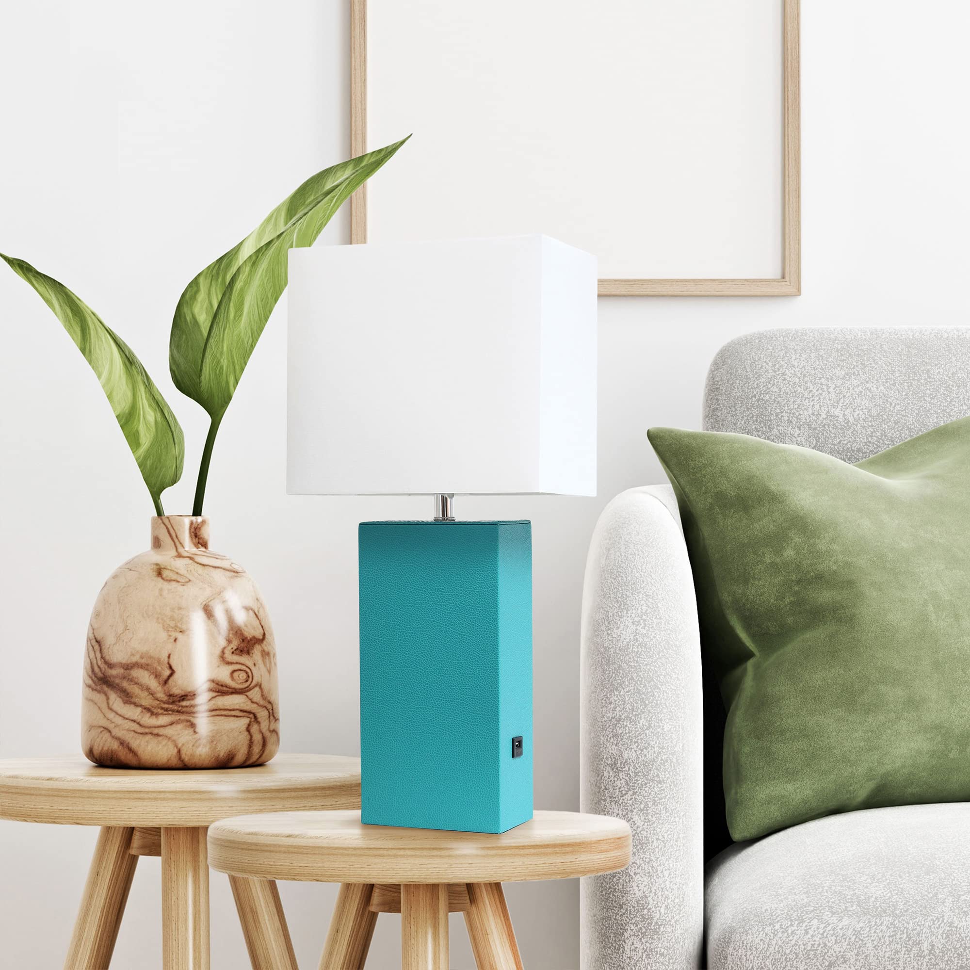 LALIA HOME Bedside Table Lamp with USB Charging Port, Modern Design, Teal, Leather Base, Model LHT-3012