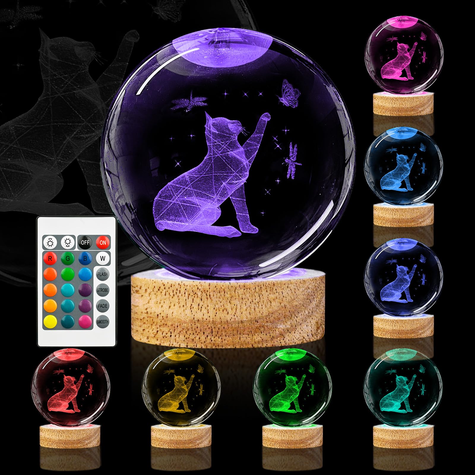 3D Cat Crystal Ball Night Light 3.15In Cat Figurines Glass Ball Lamp with 16 Color and Remote Birthday Christmas Gifts for Women