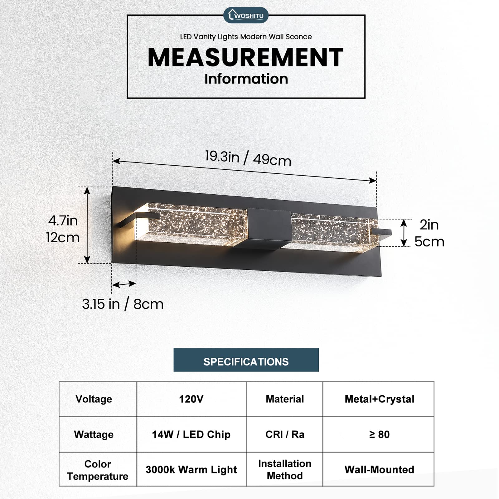 WOSHITU LED Wall Sconce Light: 19 Inch Black Modern Sconces Wall Lighting 3000K Dimmable Crystal Indoor Bathroom Sconce Wall Mou