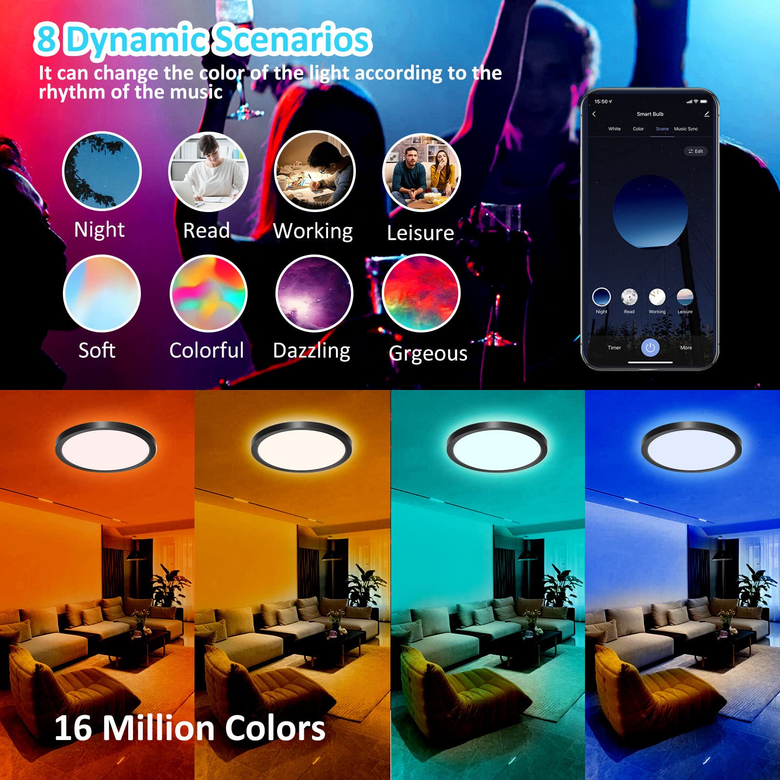 Aphyni Led Smart Ceiling Light Flush Mount, Compatible with Alexa Google Home, 12 Inch Low Profile Ceiling Light Fixture, 24W Di