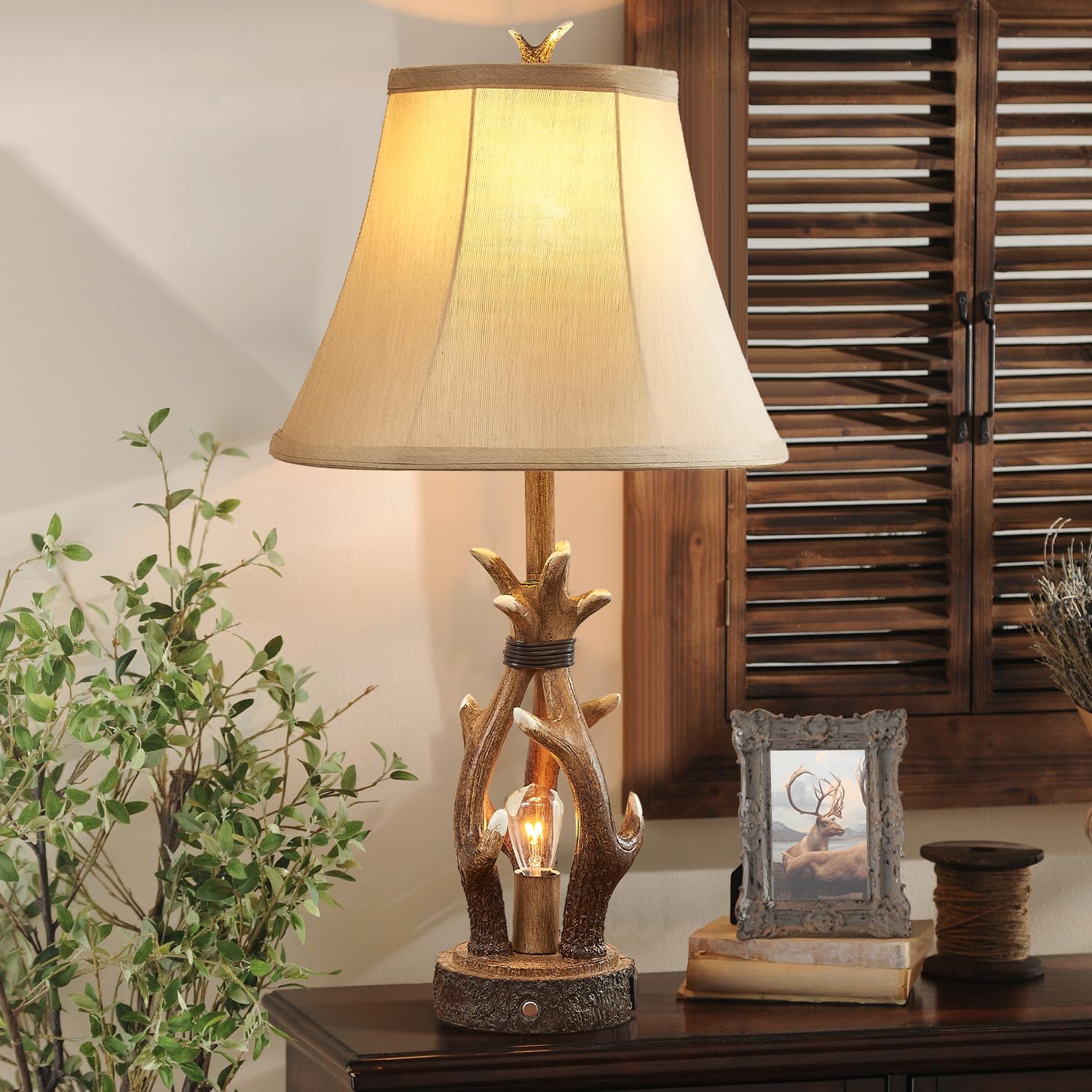 Dungoo Antler Rustic Table Lamp Set of 2 with USB & Type-C Port, Rustic Bedside Lamp with Touch Control 3-Way Dimmable Nightligh