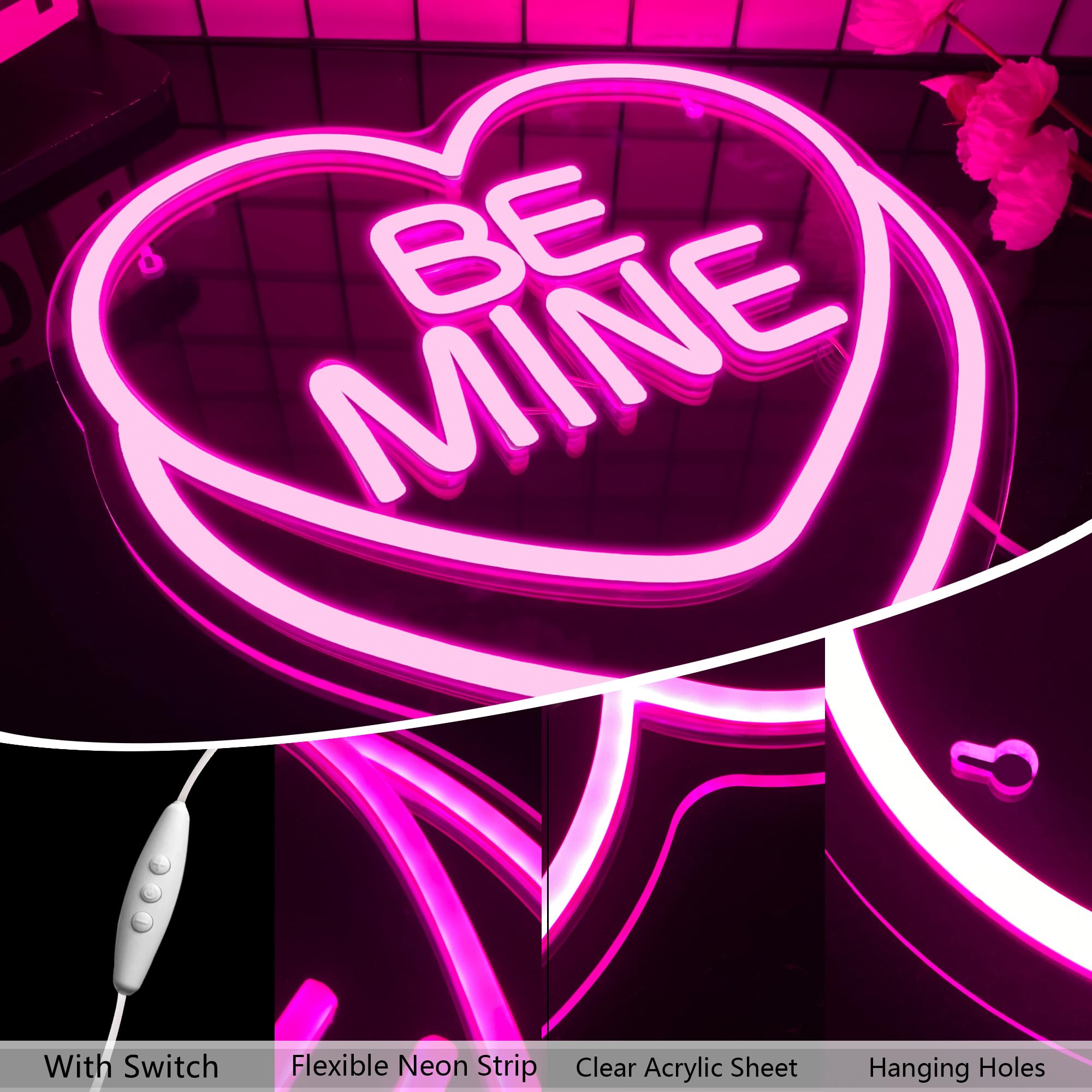 Be Mine Neon Sign, Candy Heart Neon Light, Valentines Day Decor, Romantic Gift, USB Powered for Home Room Wall Decor Wedding Pa