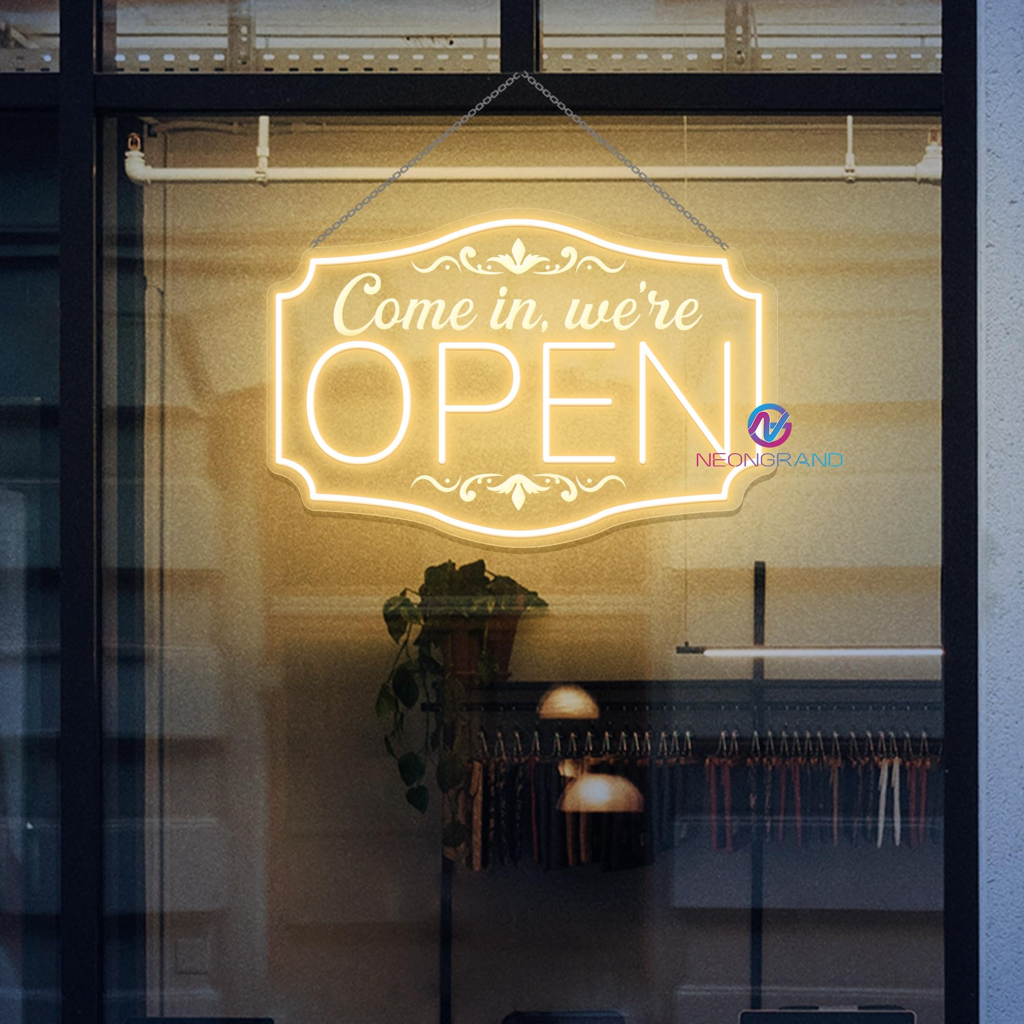 NEONGRAND LED Neon Open Sign, Warm White, Adjustable Brightness, 16.5x11in , Model NeonGrand