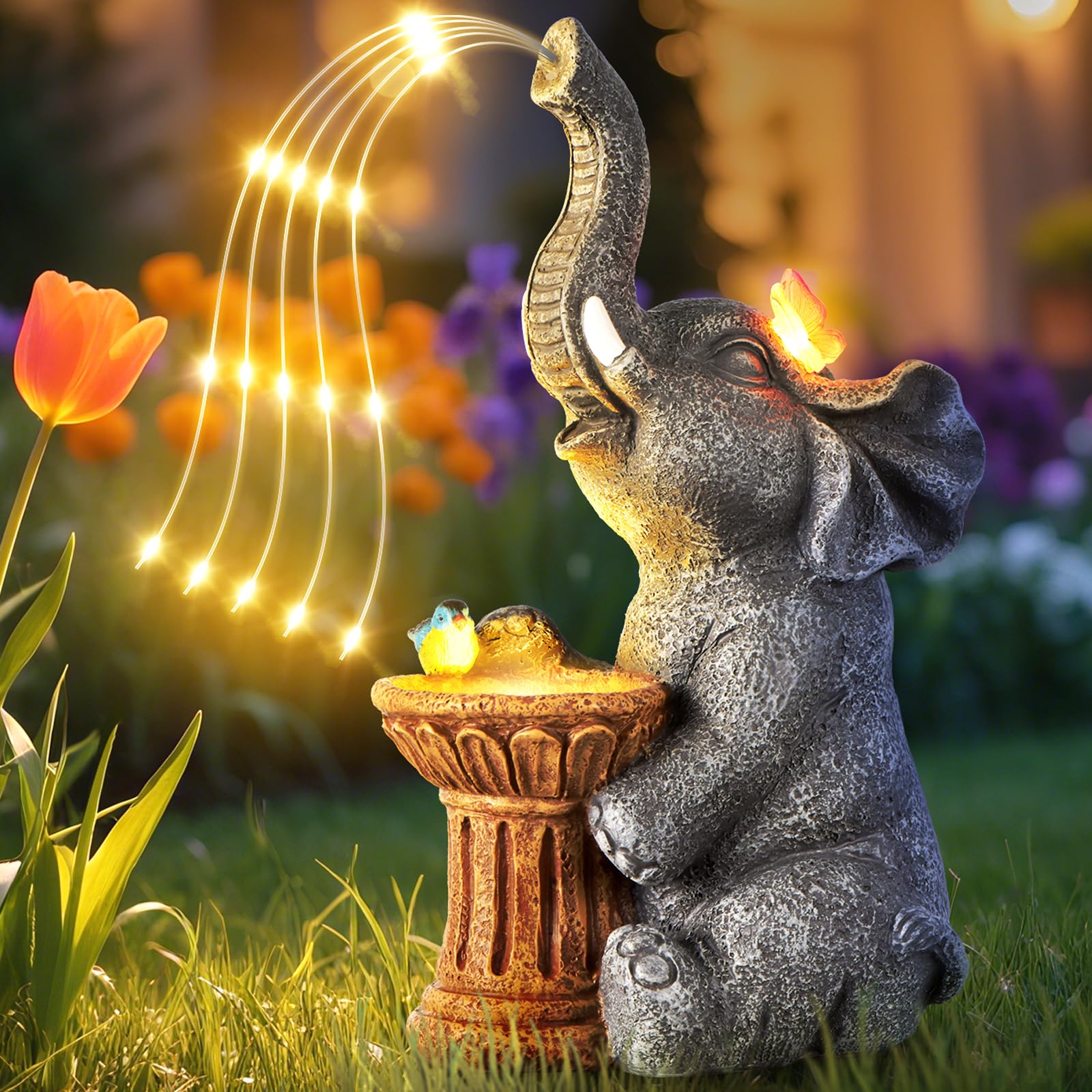 Goregent Garden Decor Watering Elephant Statue, Solar Light Ornament, 5.27x9.91x4.41in, Gray, Resin