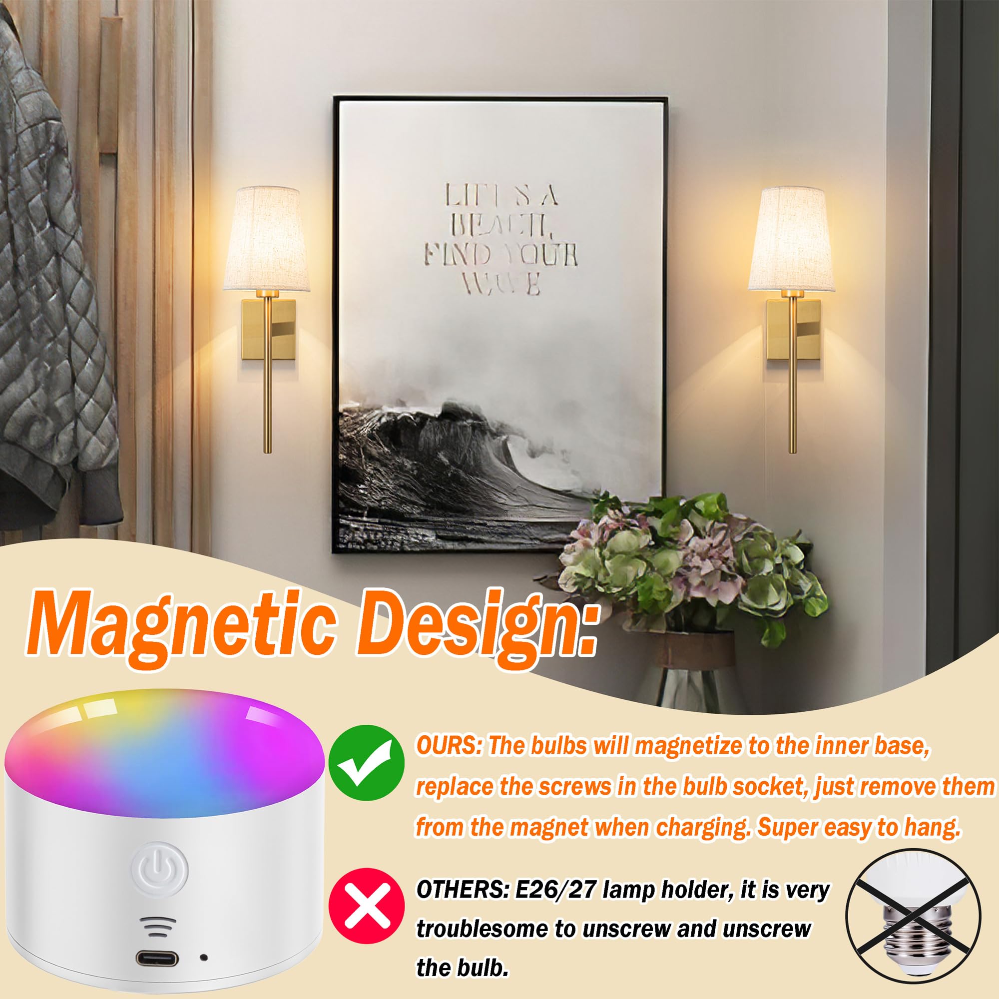 Battery Operated Wall Sconce Set Of Two, Wireless Wall Sconce Lighting With Remote Control, Indoor Dimmable Battery Operated Wal