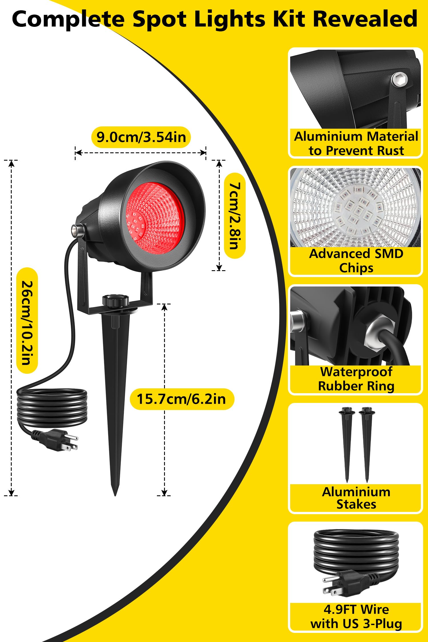 T-SUN LED Landscape Lighting Set of 2, Waterproof Red Spotlight, 270° Adjustable, Aluminum, Easy Install, Model TS-F2020-1H