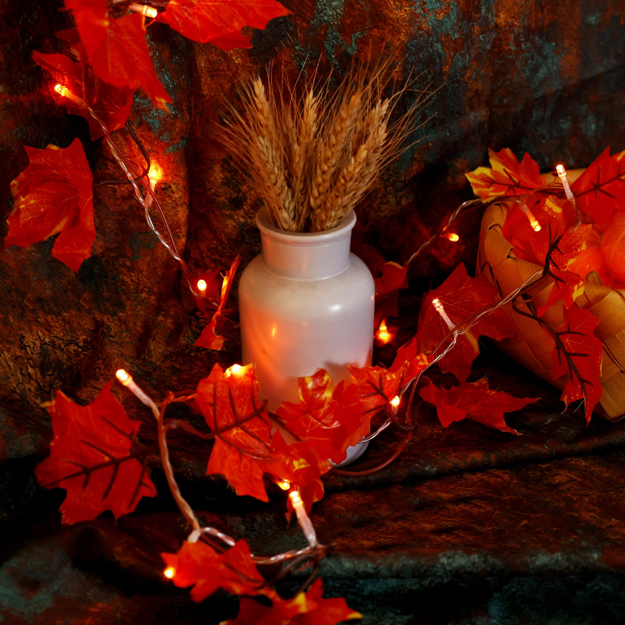 VCOKEN Fall Decor Timer Fall Garland with Lights, 7.2 Ft 24LED Fall Decorations for Home, Battery Operated Waterproof Thanksgivi