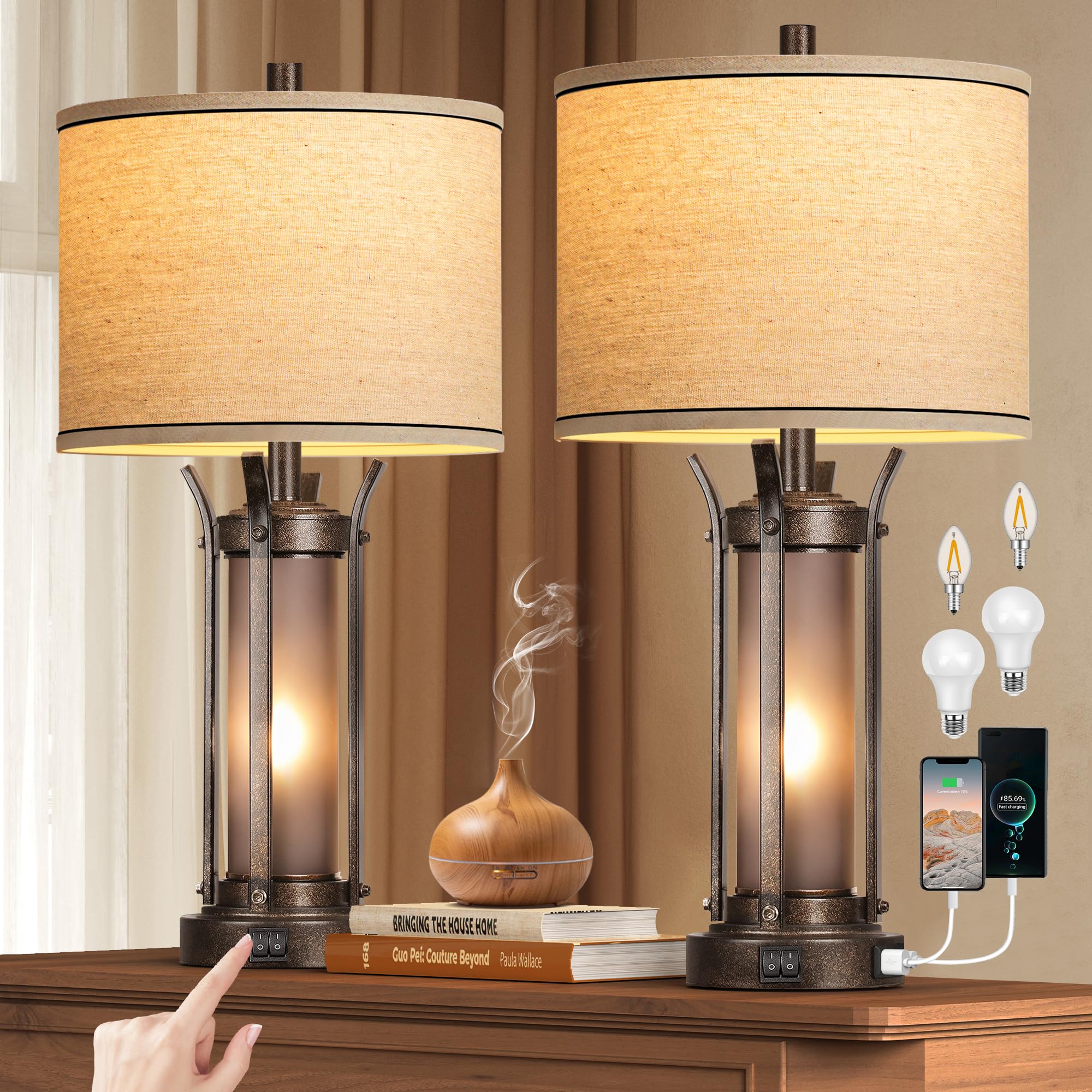QiMH Farmhouse Table Lamps for Living Room, Rustic Beside Lamps for Bedroom with USB A+C Charging Ports, Nightstand Lamp with Fr