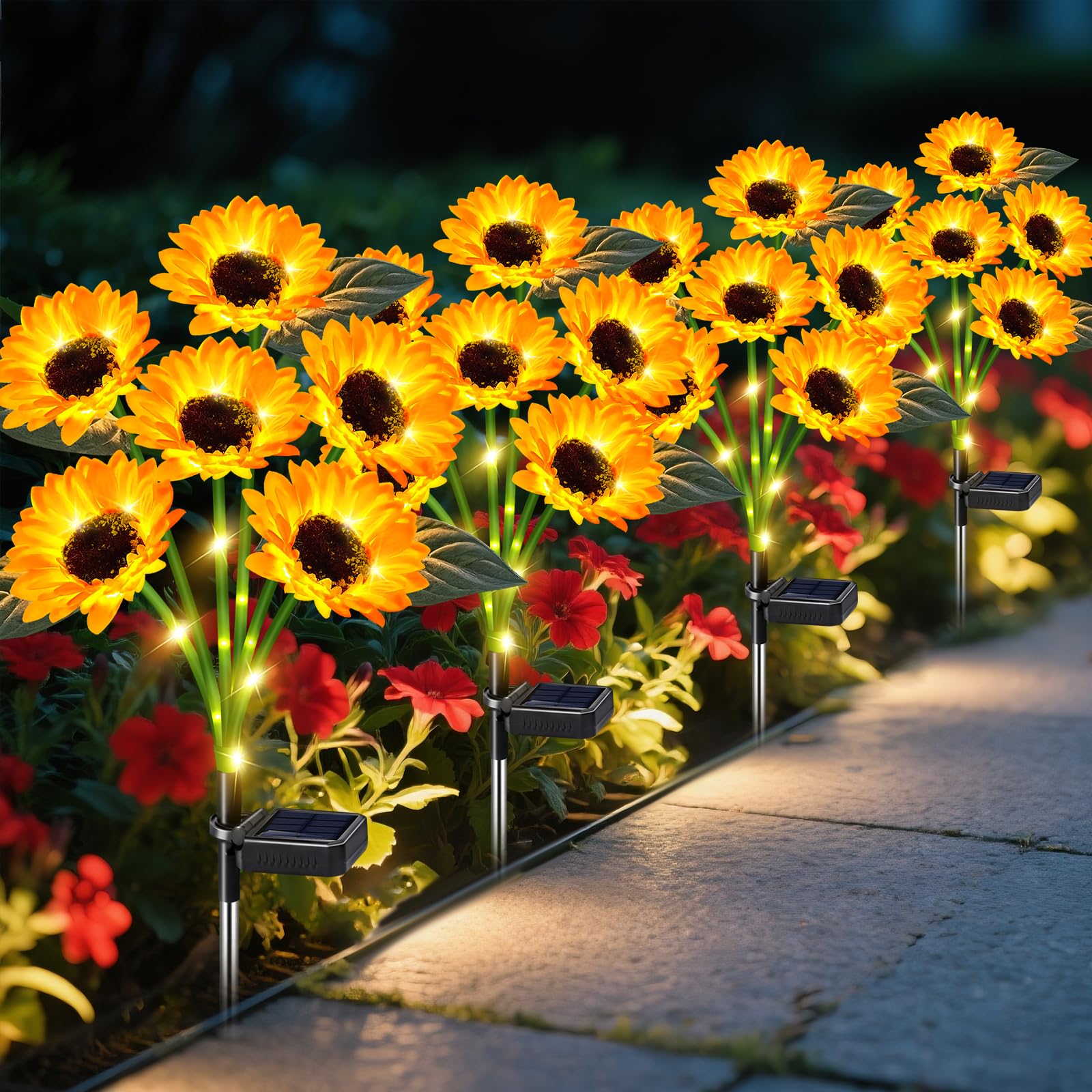 Ostritec Sunflower Solar Lights Outdoor Decor, 4 Pack, Waterproof, Plastic, Garden, Patio, Flower Bed, Model sunflower-6tou-4pack