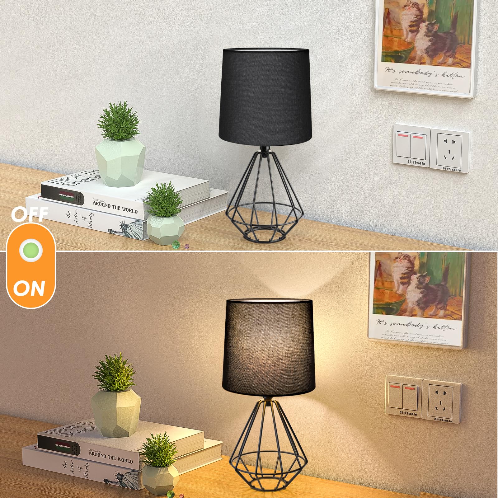 Ggoying Set Of 2 Bedside Table Lamp, Black Metal Modern Lamp With Black Fabric Shade, Simple Side Lamp For Living Room,Bedroom,H