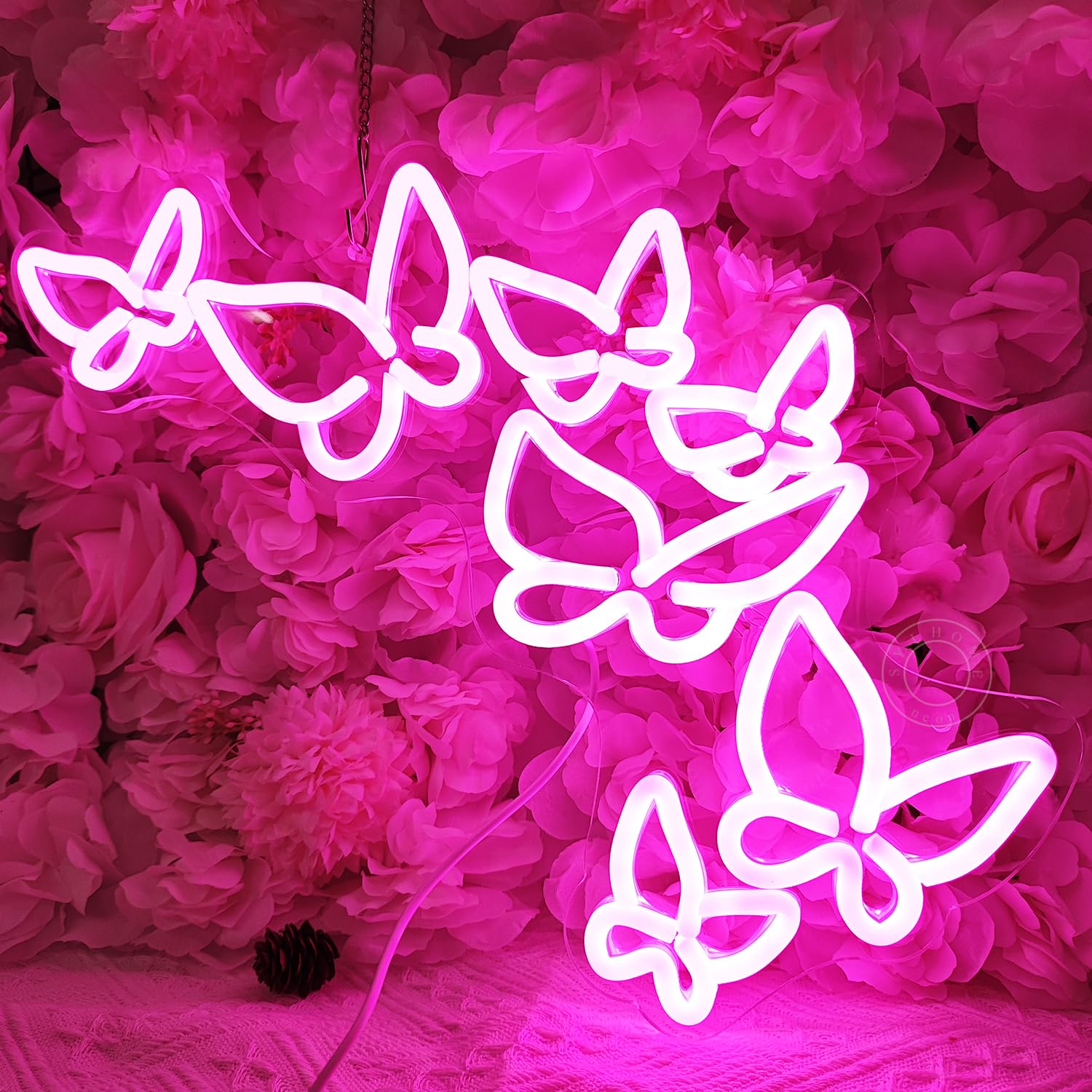 SYLHOME Pink Butterfly LED Neon Light Sign for Kids Room, Wedding & Party Decor, 16.5in x 8.9in, Acrylic