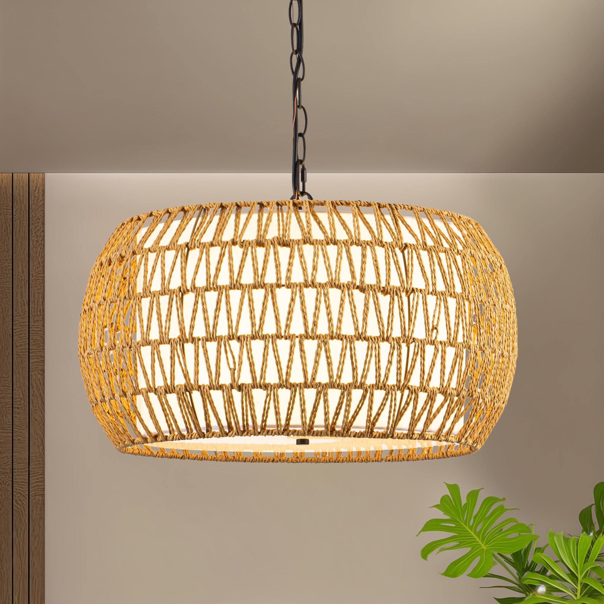 18.1'' Boho Rattan Chandelier - 5-Light Handwoven Farmhouse Pendant Light For Kitchen Island, Dining Room, Living Room With Fabr