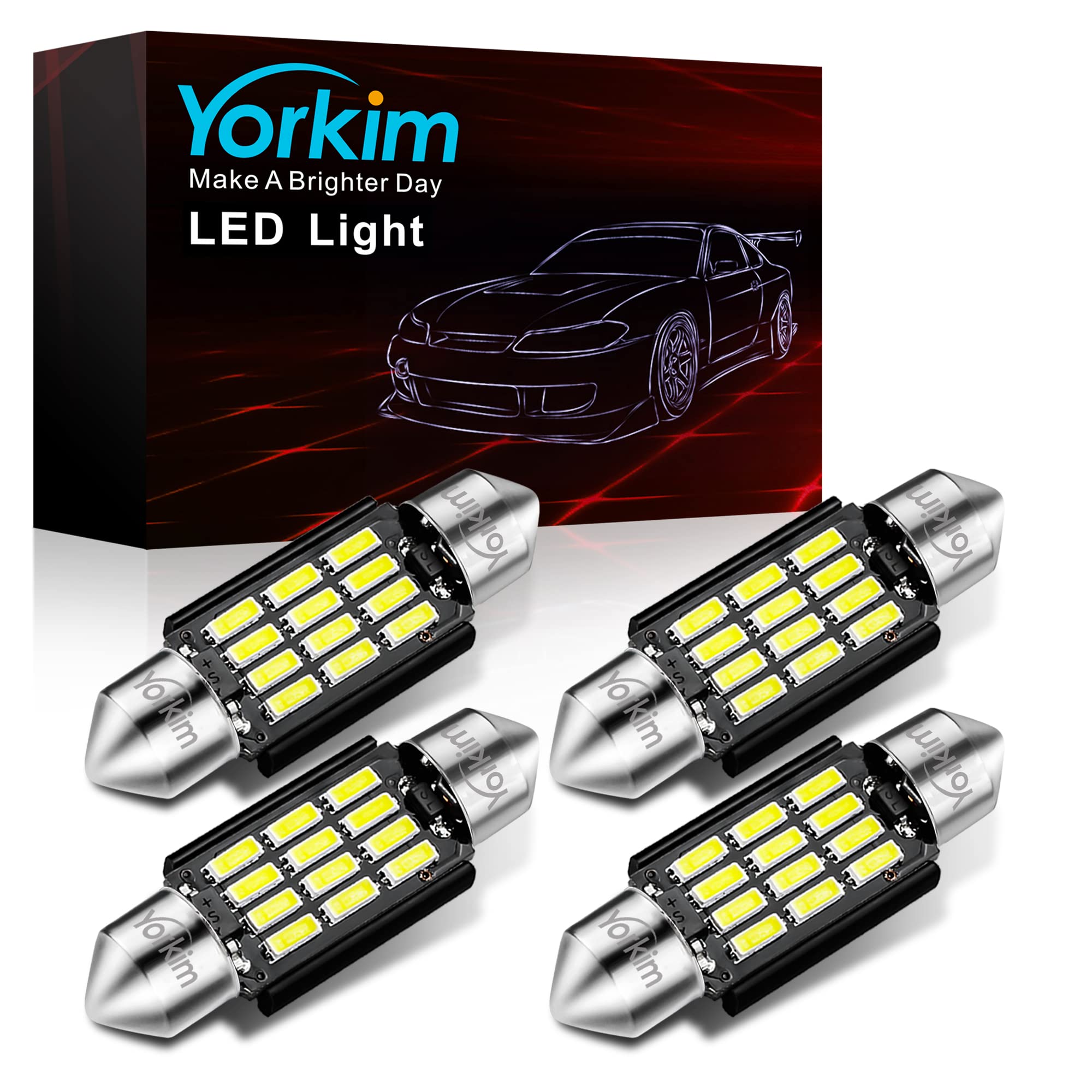 Yorkim 6418 LED Bulb, Festoon 36mm, 12-SMD 4014 Chipsets, 6500K White, Pack of 4, Aluminum