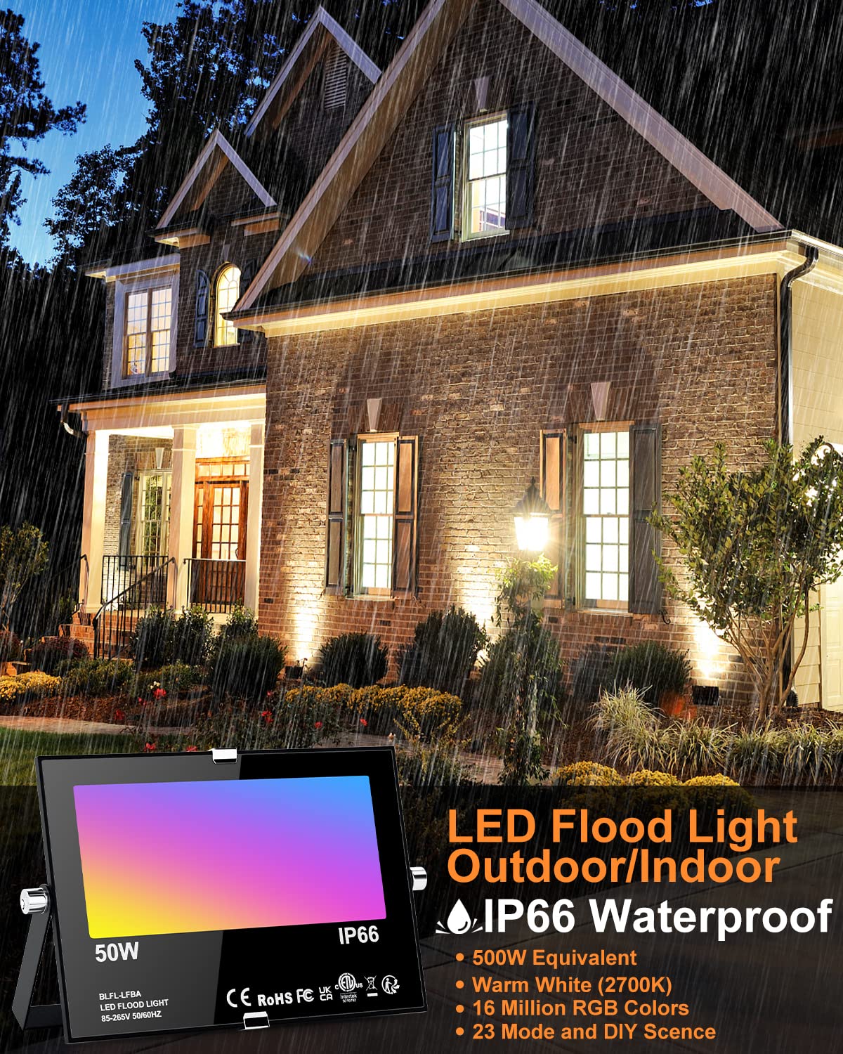 ChangM LED Flood Light 500W Equivalent, Bluetooth RGB, APP Control, IP66 Waterproof, Warm White 2700K, Aluminum, 50W-4Pack