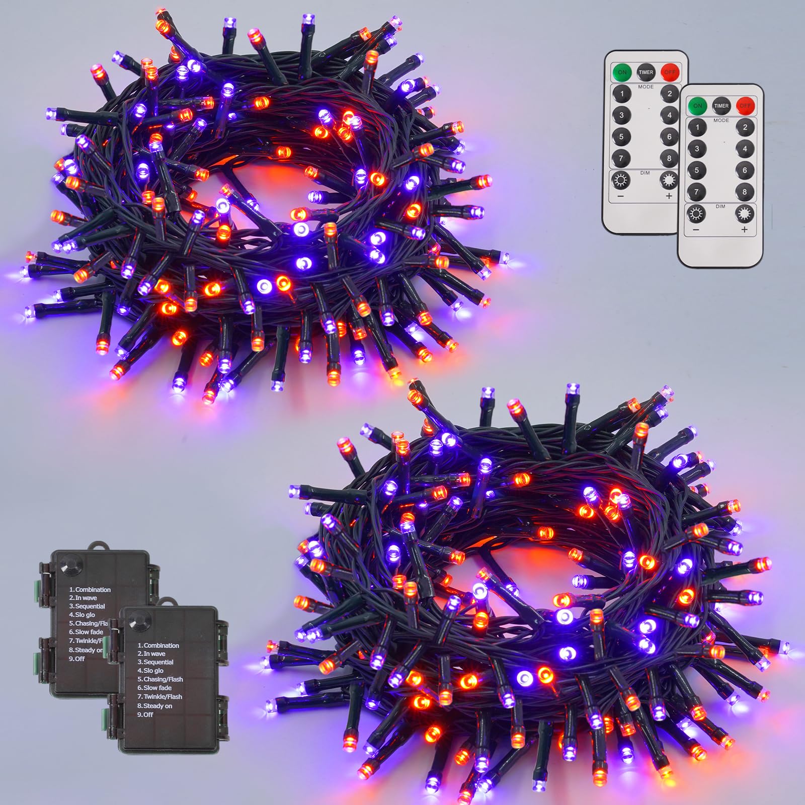 YEGUO Halloween Lights Battery Operated, 2 Pack Each 33ft 100 LED Orange String Lights Outdoor Waterproof, Green Wire Fairy Chri