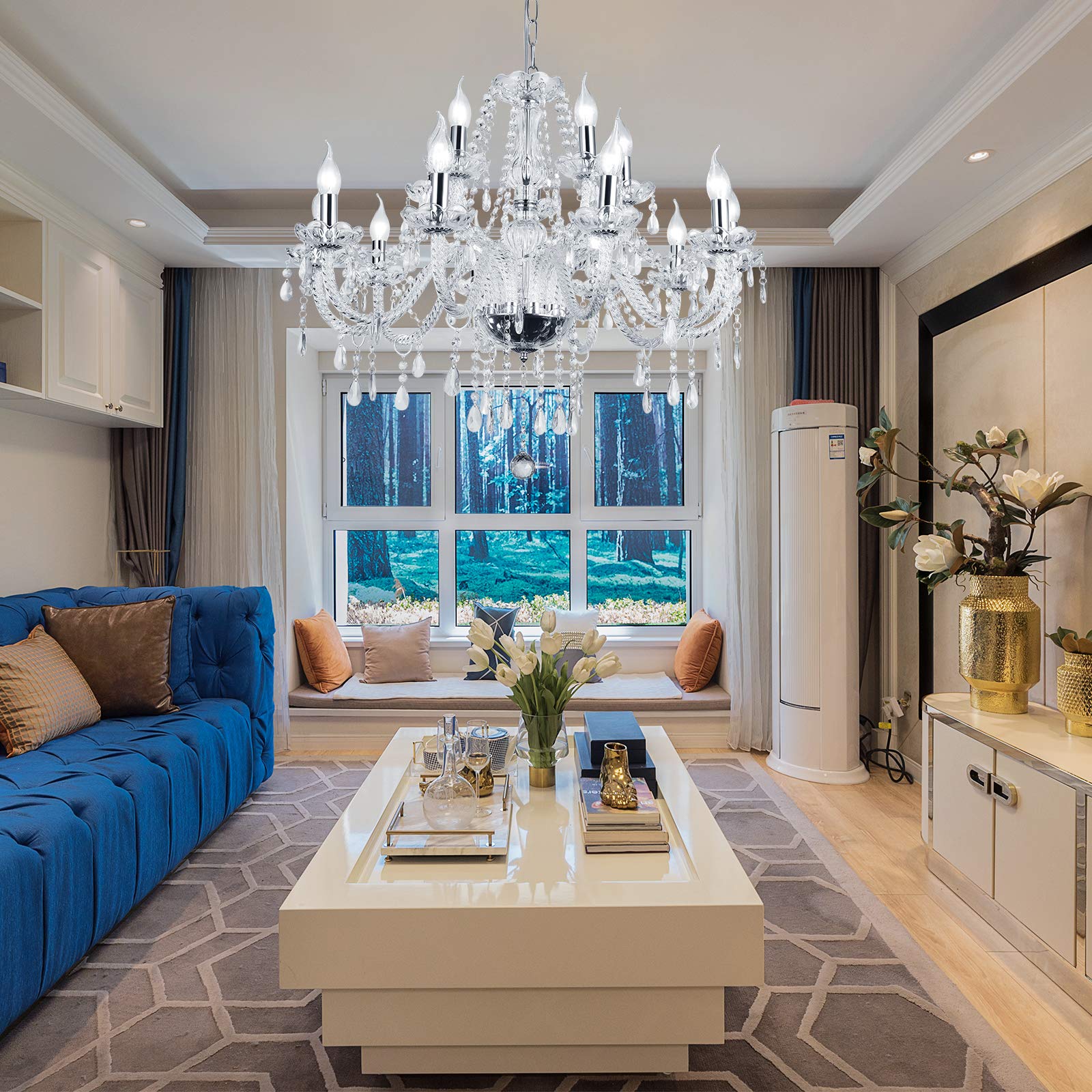 Bavnnro Modern Crystal Chandelier - 12 Lights, Silver Glass Pendant Lamp for Dining Room, Living Room, Hall, Balcony